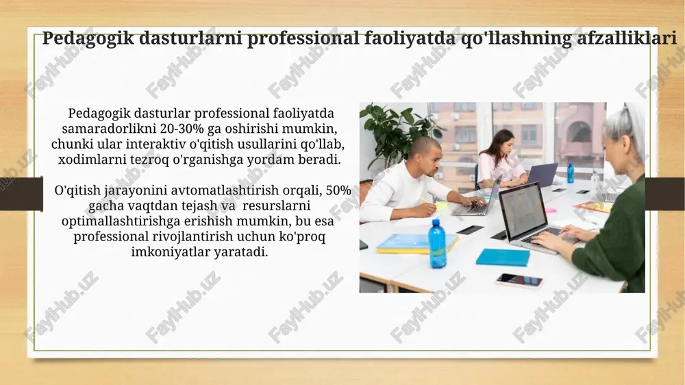 lashtirishga yordam beradigan pedagogik dasturlar qo'llanilishi mumkin. tibbiyot xodimlariga 20 ta turli kasalliklarni diagnostikasi bo'yicha simulyatsiya qilish imkonini beradigan va amaliy ko'nikmalarini 50% ga oshirishga yordam beradigan virtual muhitlar yaratish mumkin. kelajakda pedagogik dasturlarni rivojlantirish istiqbollari kelajakda pedagogik dasturlar ai texnologiyalari, virtual va qo'shaloq haqiqat elementlarini keng qo'llash orqali shaxsiylashtirilgan ta'limni 30% ga oshirishi mumkin. o'quv jarayonini avtomatlashtirish va tahlil qilish imkoniyatlarini beruvchi big data tahlili va mashinani o'rgatish algoritmlarini qo'llash pedagogik dasturlar samaradorligini 2 barobar oshiradi. interfaol o'quv materiallarini yaratish va qo'llash interfaol testlar va viktorinalarni qo'llash orqali, 50 ta savoldan iborat baholash tizimi o'quvchilarning bilimlarini ob'ektiv baholashga va o'rganishdagi bo'shliqlarni aniqlashga yordam beradi. interfaol o'quv materiallari yaratishda, kamida 3 xil multimedia formatidan (video, audio, animatsiya) foydalanish o'quv jarayonini 20% ga samaradorligini oshiradi va talabalarning tushunishini yaxshilaydi. pedagogik dasturlar orqali baholash va monitoring kamida 50 ta talabani o'z ichiga olgan guruhlarda samaradorlikni oshirish maqsadida, pedagogik dasturlar individual yutuqlarni kuzatish …