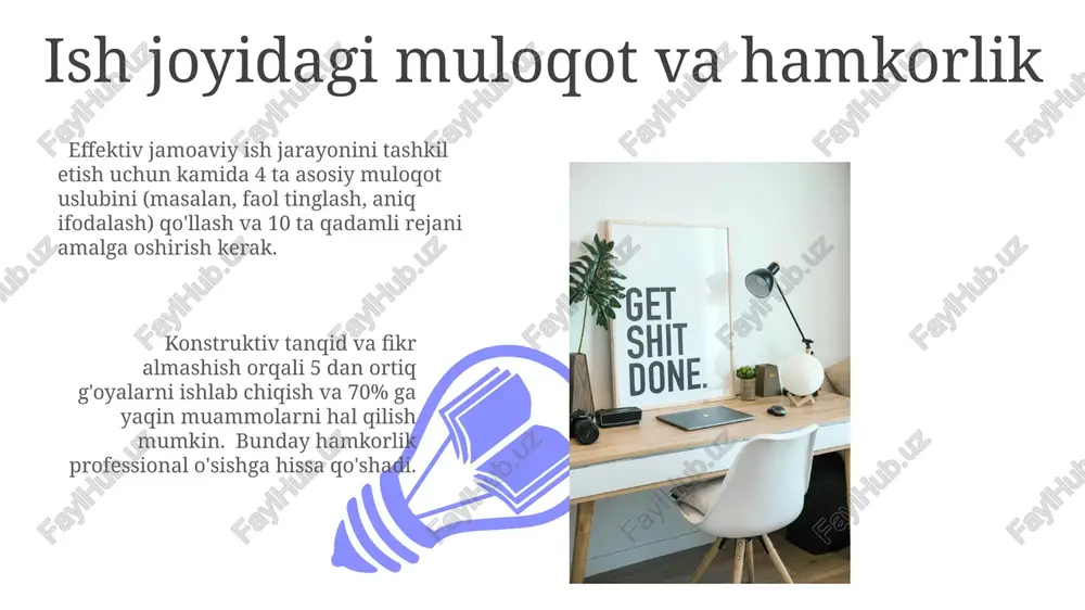 o'rtacha 5-10% ko'nikmalarni rivojlantirishga vaqt ajratish, yangi texnologiyalar va trendlarni o'rganish, professional tarmoqlarda faollik bildirish kerak. yangi ko'nikmalarni o'rganish yangi ko'nikmalarni o'rganish jarayonida 70/20/10 qoidasini qo'llash samaradorlikni 25% ga oshirishi mumkin, bu yerda 70% amaliyot, 20% boshqalardan o'rganish va 10% o'qish va o'z-o'zini rivojlantirishni anglatadi. o'rtacha inson 2-3 oy ichida yangi ko'nikmani professional darajada o'zlashtirishi mumkin, lekin bu intensiv mashg'ulotlar va 10,000 soat qoida (malaka oshirish uchun sarflangan vaqt) ga bog'liq. ishga bo'lgan sadoqat va professionallik 01 02 professionallik, xodimlarning malaka oshirish kurslarida o'rtacha 15 soat sarflash orqali, muammolarni hal qilish qobiliyatini 2 barobar oshiradi. sales 1st qtr 2nd qtr 100 0 sales 1st qtr 2nd qtr 100 0 e'tiboringiz uchun rahmat @taqdimot_robot image4.jpg image5.jpg image6.jpg image7.jpg image8.jpg image9.jpg image10.jpg image11.jpg image12.jpg image13.jpg image14.jpg image15.jpg image1.jpeg image2.jpeg image3.jpeg
