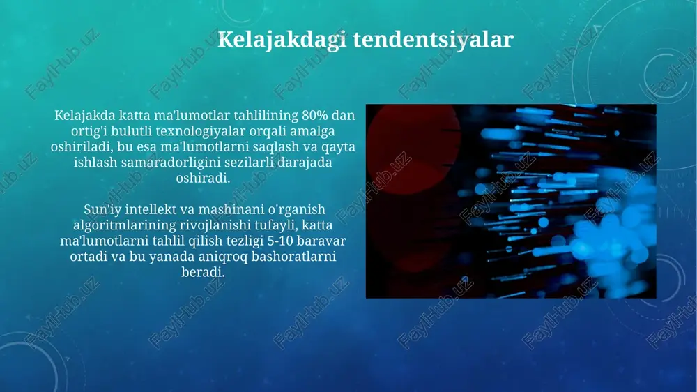 igi sababli ma'lumotlar buzilishi xavfi yuqori. business intelligence (bi) nima? business intelligence (bi) – bu korxonalar uchun ma'lumotlarni yig'ish, tahlil qilish va vizualizatsiya qilish jarayonlarini o'z ichiga olgan murakkab tizim bo'lib, 1000 dan ortiq ma'lumot manbalarini birlashtirib, samarali biznes qarorlarini qabul qilishga yordam beradi. bi tizimlari, real vaqt rejimida ma'lumotlarni tahlil qilib, potentsial xavflarni aniqlash va 30% ga yaqin foyda o'sishini ta'minlash imkonini beradi, shuningdek, marketing kampaniyalari samaradorligini kuzatish va optimallashtirishga yordam beradi. big data manbalari katta ma'lumotlarni tahlil qilishda 100 terabaytdan ortiq ma'lumotlarni qayta ishlash uchun hadoop kabi tarqatilgan hisoblash texnologiyalari qo'llaniladi va bu esa real vaqt rejimida tahlil qilish imkonini beradi. katta ma'lumotlarni vizualizatsiya qilish vositalari, masalan, tableau yoki power bi, murakkab ma'lumotlarni oddiy va tushunarli grafiklar va diagrammalarga aylantirib, 1000 dan ortiq o'zgaruvchini bir vaqtning o'zida ko'rsatish imkonini beradi. katta ma'lumotlarni bi da qo'llash misollari katta ma'lumotlar tahlili orqali mijozlarning xarid qilish odatlarini aniqlash va 10% ga …