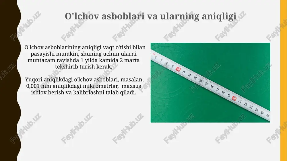 standartlashtirilishi 1960-yilda qabul qilingan si tizimi 7 ta asosiy va bir qator qoʻshimcha oʻlchov birliklarini oʻz ichiga oladi, bu esa turli sohalarda aniq va bir xil oʻlchovlarni ta’minlashga yordam beradi. oʻlchov birliklarining standartlashtirilishi xalqaro miqyosda 7 ta asosiy birlikka, shu jumladan metr, kilogram, sekund kabi birliklarga asoslanadi va bu davlatlararo savdo-sotiq va texnologik hamkorlikni yaxshilashga xizmat qiladi. zamonaviy o'lchov texnologiyalari zamonaviy o'lchov texnologiyalari yuqori aniqlikka ega bo'lib, 0,01 mm gacha aniqlik bilan o'lchash imkonini beradi va bu mikroelektronika va nanotexnologiya kabi sohalarda muhim ahamiyatga ega. lazer interferometriyasi kabi usullar yordamida 1 nanometrgacha bo'lgan masofalarni o'lchash mumkin, bu esa uzunlik birliklarini aniq va takrorlanuvchan tarzda tiklashga yordam beradi. asosiy o'lchov birliklari tizimlari o'lchov birliklarini tiklash jarayoni, ayniqsa, nol nuqtadan hisoblash zarur bo'lgan holatlarda, kalibrlash va sertifikatlash standartlari orqali amalga oshiriladi. bu jarayon 10-6 darajali aniqlikni ta'minlaydi. si tizimidan tashqari, cgs (santimetr-gramm-sekund) va boshqa tarixiy o'lchov birliklari tizimlari mavjud bo'lib, ularning ba'zilari …
