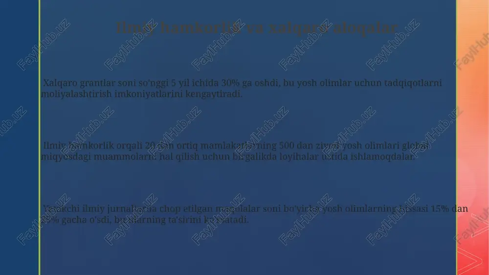 hiq manbali ma'lumotlar bazalaridan foydalanishning oshishini ko'rsatadi. xalqaro ilmiy konferensiyalarda ishtirok etayotgan yoshlar sonining o'sishi, 20% ga yaqin, xalqaro hamkorlik va bilim almashinuvining rivojlanishini aks ettiradi. yosh olimlarning ilmiy salohiyati global miqyosda 5000 dan ortiq yosh olimlar turli xil muammolarni hal qilish uchun interdisciplinar yondashuvlarni qo'llamoqda, bu esa ilmiy taraqqiyotni tezlashtiradi. o'rtacha yosh olimlar o'z tadqiqotlarida 3 dan ortiq ilmiy nashrlarga ega bo'lib, bu ularning yuqori samaradorligini va ilmiy jamiyatga qo'shgan hissasi hajmini ko'rsatadi. yosh olimlarning 70% dan ortig'i ilg'or texnologiyalar, sun'iy intellekt va katta ma'lumotlar tahlili sohalarida tadqiqot olib bormoqda, bu esa kelajakdagi innovatsiyalar uchun katta potentsial yaratadi. kelajakdagi istiqbollar va yosh olimlar davlat tomonidan yosh olimlarni qo'llab-quvvatlash dasturlarining samaradorligi natijasida, keyingi 10 yil ichida ilmiy nashrlarda ularning ishtiroki 2 barobar oshishi kutilmoqda. yangi materiallarni yaratish, sun'iy intellekt va biotexnologiya sohalarida 5 yildan kam vaqt ichida yosh olimlarning 3000 dan ortiq patenti ro'yxatdan o'tkazilishi taxmin qilinmoqda. kelajakdagi texnologiyalarni rivojlantirishda …
