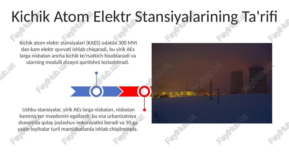 tsiya kichik atom elektr stansiyalarining afzalliklari kichik atom elektr stansiyalari (kaes) qurilish xarajatlari an'anaviy yirik aeslarga nisbatan 30-50% ga arzonroq bo'lib, iqtisodiy jihatdan foydali hisoblanadi. 100 mvt dan kam quvvatga ega kaeslarning operatsion xarajatlari past bo'lib, energiya ishlab chiqarishning birligi narxi an'anaviy usullarga nisbatan 15-20% past bo'ladi. kichik atom elektr stansiyalarining turli xillari kichik atom elektr stansiyalari (kaes)ning bir turi bo'lgan mikroreaktorlar 10-50 mvt quvvatga ega bo'lib, issiqlik ta'minoti va elektr energiyasi ishlab chiqarishda qo'llaniladi. ayrim kaes loyihalari, masalan, tsiklik tez neytronli reaktorlar, yuqori darajadagi xavfsizlik va yonilg'i samaradorligi bilan ajralib turadi. radioaktiv chiqindilarni boshqarish sre (supercritical water-cooled reactor) texnologiyasi yadro yonilg'isining samaraliroq ishlatilishi va shu bilan radioaktiv chiqindilar hajmini 20-30% ga kamaytirishga yordam beradi. kichik atom elektr stansiyalarida radioaktiv chiqindilarning 90% dan ortig'i past va o'rta darajadagi radioaktivlikka ega bo'lib, ular maxsus saqlash inshootlarida saqlanadi. muhokama va savol-javoblar kichik atom elektr stansiyalari (kaes) loyihalarining o'rtacha quvvat hajmi 50 dan …