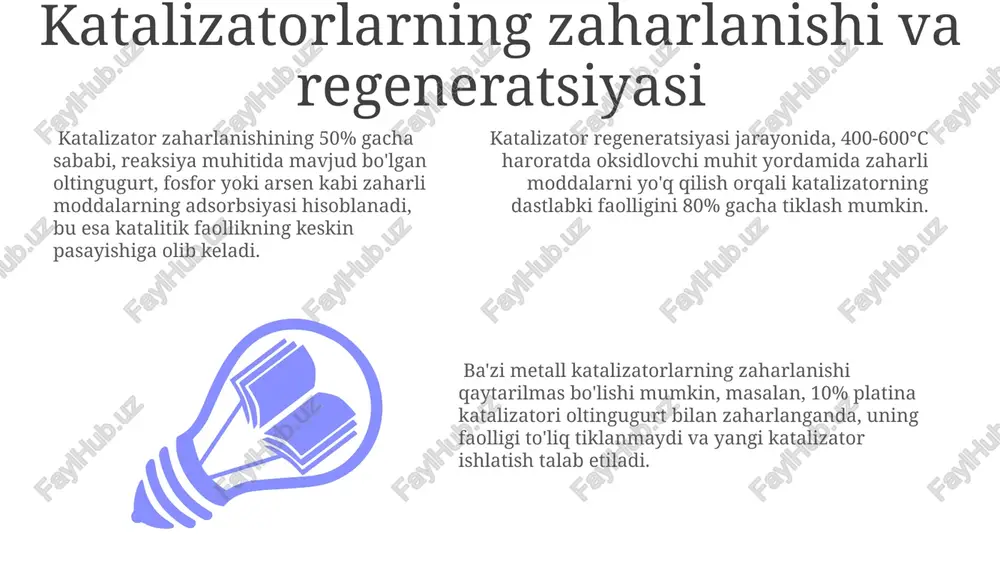 va maksimal reaksiya tezligi (vmax) ferment konsentrasiyasi bilan bog'liq. biokatalizatorlar sifatida ishlatiladigan fermentlarning 1 grammiga 10⁶ dan ortiq reaksiya molekulalari ishtirok etishi mumkin, bu esa fermentativ katalizning yuqori samaradorligini ko'rsatadi. fermentativ kataliz jarayonlarida ishtirok etadigan fermentlarning optimal faoliyati uchun ph darajasi 5-7 oralig'ida bo'lishi kerak, aks holda fermentlarning aktivligi pasayadi va reaksiya tezligi sekinlashadi. katalizning kelajagi va istiqbollari biokataliz sohasida fermentlarning molekulyar dizayni va muhandisligi orqali 1000 dan ortiq yangi, yuqori samarali biokatalizatorlarni yaratish prognoz qilinmoqda. davriy tizimning noyob elementlariga boʻlgan talabni kamaytirish uchun katalitik jarayonlarda 3d-bosib chiqarish texnologiyalari va qayta tiklanuvchi resurslardan foydalanish istiqboli katta. katalitik konvertorlarning samaradorligini 2030-yilga kelib 90% ga oshirish maqsadida nanotexnologiyalar va sunʼiy intellektning qoʻllanilishi yangi imkoniyatlar yaratadi. kataliz sohasidagi muammolar va ularning yechimlari yuqori harorat va bosim sharoitida katalizatorlarning tez aşinishi muammosiga chidamliligi yuqori bo‘lgan yangi materiallarni, masalan, 500°c dan yuqori haroratga chidamli seriyum oksidini ishlab chiqarish orqali yechim topish mumkin. katalitik jarayonlarning iqtisodiy …