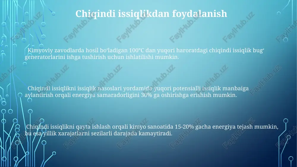 mlarini joriy etish orqali energiya sarfini 10-15% ga kamaytirish va chiqindi issiqlikni foydali energiyaga aylantirish mumkin. energiya tejash texnologiyalari katalizatorlardan foydalanish orqali reaktsiyalarni tezlashtirish va optimallashtirish yo'li bilan, energiya tejovchi texnologiyalar energiya sarfini 30% gacha kamaytirishi mukun, bu esa issiqlik almashinuvining samaradorligini oshirish bilan bog'liq. energiya tejovchi texnologiyalarining joriy etilishi natijasida, kimyo sanoatida issiqlik energiyasining 10-15% tejashga erishish mumkin, bu ishlab chiqarish jarayonlarini modernizatsiya qilish va yangi texnologiyalarni joriy etish orqali amalga oshiriladi. energiya tejovchi texnologiyalar kimyo sanoatida yillik 15-20% gacha energiya sarfini kamaytirishi mumkin, bu esa ishlab chiqarish xarajatlarini sezilarli darajada pasaytiradi va ekologik ta'sirni minimallashtiradi. qayta tiklanadigan energiya manbalaridan foydalanish biomassa, geotermal va gidroenergiya kabi turli qayta tiklanadigan energiya manbalaridan foydalanish kimyo sanoatining energiya xavfsizligini oshiradi va energiya narxlarining o'zgaruvchanligidan himoya qiladi. kimyo sanoatida qayta tiklanadigan energiya manbalaridan foydalanish 2030-yilga borib 15% gacha kamayishi mumkin bo'lgan karbon emissiyasini sezilarli darajada kamaytirishga yordam beradi. quyosh va shamol energiyasi kabi …
