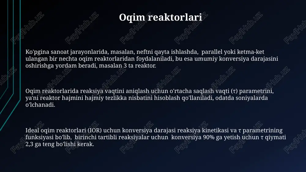 linadi, bu esa apparatning ishlash rejimini modellashtirishga yordam beradi. energiya balans tenglamalari, reaksiya issiqlik effekti (masalan, +200 kj/mol) va issiqlik uzatish koeffitsiyentini (h=100 vt/m²k) hisobga olgan holda, reaksiya apparati ichidagi temperatura profilini aniqlashga imkon beradi. adiabatik reaktorlar uchun energiya balans tenglamasi soddalashtirilgan boʻlib, tashqi issiqlik almashinuvi (q=0) yoʻqligini koʻrsatadi va faqat reaksiya issiqligi hisobga olinadi, bu esa temperatura oʻzgarishini aniqlashni osonlashtiradi. bioreaktorlar suspenziyadagi kulturalar uchun moslashtirilgan bioreaktorlarda havo bilan ta'minlash va aralashtirishning maxsus parametrlari, misol uchun, 0,5-2 vvm havo oqimi va 100-500 rpm aralashtirish tezligi ta'minlanadi. bioreaktorlarda 10-100 litr hajmdagi idishlarda 20-30°c haroratda va rn 5-7 oralig'ida mikroorganizmlarni ko'paytirish uchun optimal sharoitlar yaratiladi. tijorat maqsadlaridagi bioreaktorlarda 1000 dan ortiq litr hajmdagi fermentatsiya jarayonlarini avtomatik boshqarish tizimlari bilan jihozlangan bo'ladi. reaksiyalar turlari va reaktorlarning tanlanishi reaksiyalar kinetikasi (1-tartibli, 2-tartibli va hokazo) reaktor turini tanlashda muhim omil hisoblanadi, chunki turli xil kinetikalar turli xil reaktor samaradorligini ta'minlaydi. suyuq fazali reaksiyalar uchun, 1000 …