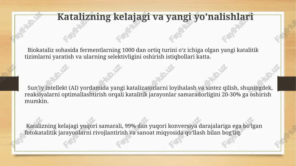 % dan ortiq kamaytirib, havo sifatini yaxshilaydi va inson salomatligiga ijobiy ta’sir ko‘rsatadi. kimyoviy jarayonlarda selektiv katalizatorlarning qo‘llanilishi yon mahsulotlar hosil bo‘lishini 5-10% gacha kamaytirib, chiqindi suv va gazlar miqdorini minimallashtiradi. katalizatorlar yordamida zararli chiqindilarni 90% gacha kamaytirishga erishiladi, bu atmosfera ifloslanishini sezilarli darajada pasaytiradi va ekologik muvozanatni saqlashga yordam beradi. katalizatorlarning tanlanishi va xususiyatlari katalizator tanlashda reaksiya sharoitlari (harorat, bosim, ph) va kerakli selektivlik (masalan, 95% dan yuqori) muhim ahamiyatga ega bo'lib, bu optimal katalitik faollikni ta'minlaydi. metalloksid katalizatorlari, masalan, v2o5 yoki tio2, ko'pincha oksidlanish-qaytarilish reaksiyalarida ishlatilib, 100-500°c harorat oralig'ida yuqori faollik namoyon qiladi. gomogen katalizda, reaksiya tezligini 10³-10⁶ marta oshiradigan organometalik birikmalar, masalan, palladiy komplekslari, yuqori selektivlikni ta'minlash uchun qo'llaniladi. katalizning mohiyati va ahamiyati katalitik konvertorlar avtomobil chiqindilaridagi zararli moddalarni, masalan, co va nox ni 90% gacha kamaytiradi, bu esa ekologik muhitni muhofaza qilishga hissa qo'shadi. selektiv kataliz yordamida maqsadli mahsulotning chiqishi 90% dan ortiq bo'lishiga erishish mumkin, …