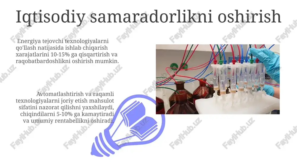 ashinuvini optimallashtirish yo'li bilan 10% gacha energiya sarfini kamaytirishga erishish mumkin, bu esa ekologik ta'sirni kamaytiradi. kimyoviy jarayonlarni loyihalash loyihalash jarayonida xavfsizlik choralari, xususan, portlash xavfini kamaytirish uchun bosimni 1-5 atm oralig'ida nazorat qilish va inert gazlardan foydalanish hisobga olinadi. reaktorlarning turini tanlash (masalan, ideal aralashtirilgan yoki pistonli oqim) jarayon samaradorligiga katta ta'sir ko'rsatadi, buning uchun konversiya darajasi va energiya sarfini hisobga olish zarur. yangi texnologiyalarni joriy etish 01 02 innovatsion katalizatorlarni joriy etish, kimyoviy reaksiyalar tezligini 2-3 marta oshirib, energiya sarfini 10-15% ga tejash imkonini beradi. sales 1st qtr 2nd qtr 100 0 sales 1st qtr 2nd qtr 100 0 ishlab chiqarishni optimallashtirish katalizatorlarni tanlash va jarayon parametrlarini (temperatura, bosim, konsentratsiya) aniq optimallashtirish orqali kimyoviy reaksiya hosildorligini 20% gacha oshirish mumkin. ishlab chiqarish jarayonlarini 15% ga optimallashtirish, xomashyo sarfini 10% ga kamaytirish va chiqindilar miqdorini 5% ga qisqartirish orqali iqtisodiy samaradorlikni oshirish mumkin. xomashyo tanlash va tayyorlash ko'p komponentli …