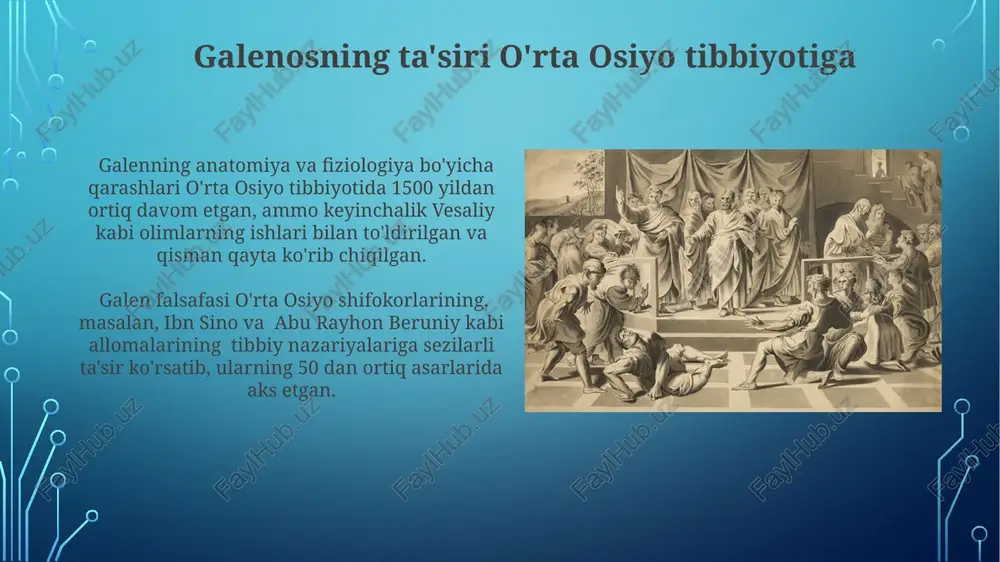 n ham katta ta’sir ko‘rsatdi. galenos hayoti va faoliyati uning asarlari 1000 yildan ortiq vaqt davomida tibbiyot ta'limining asosiy manbai bo'lib xizmat qilgan va 15 asrdan keyingina uning nazariyalariga qarshi fikrlar paydo bo'la boshlagan. galen hayvonlar, xususan maymunlar ustida disseksiyalar o'tkazgan va o'z kuzatuvlarini inson anatomiyasini tushunish uchun qo'llagan, biroq ba'zi xatolari asrlar davomida qabul qilingan. galenosning asarlari arab tiliga tarjimasi galen asarlarining arab tiliga tarjimasi 9-12-asrlarda keng miqyosda amalga oshirilgan bo'lib, taxminan 100 dan ortiq asar yunonchadan arab tiliga o'girilgan. hunayn ibn ishoq kabi mashhur arab olimlari galenning 150 ga yaqin asarini arab tiliga tarjima qilishda muhim rol o'ynaganlar, bu esa islom olamida tibbiyot rivojiga katta hissa qo'shgan. galenosning ta'siri va merosi galenning anatomiya boʻyicha 150 dan ortiq asari, koʻpincha hayvonlar ustida oʻtkazilgan tajribalarga asoslangan boʻlib, keyingi 1500 yil davomida tibbiyot ta'limida asosiy manba boʻlib xizmat qilgan. galenning "umumiy qon aylanishi" nazariyasi notoʻgʻri boʻlsa-da, qonning yurak orqali oʻtishini tasvirlab …