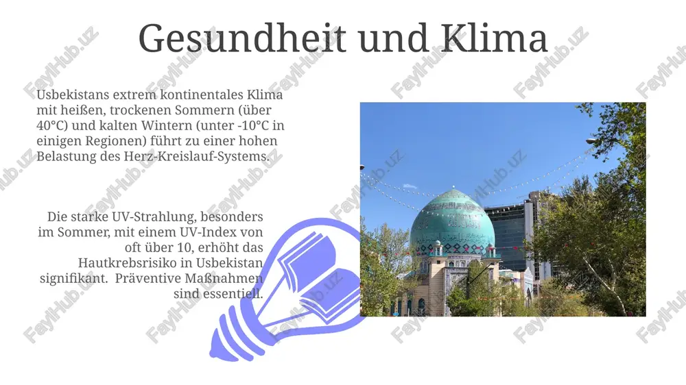chschnittstemperaturen in den ebenen usbekistans höchstwerte von über 35°c, während die kältesten monate (januar/februar) durchschnittlich um den gefrierpunkt liegen. die temperaturunterschiede zwischen tag und nacht, besonders in den wüstenregionen, sind erheblich und können bis zu 20°c betragen, was zu extremen thermischen bedingungen führt. jahreszeiten und ihre besonderheiten usbekistans jahreszeiten sind durch extreme temperaturunterschiede geprägt; im juli können tageshöchsttemperaturen von über 40°c in den ebenen erreicht werden, während im januar die tiefsttemperaturen unter -10°c in den bergregionen liegen. die vegetationsperioden sind in den verschiedenen regionen usbekistans unterschiedlich lang; in den niederschlagsarmen wüstengebieten beträgt sie nur wenige monate, während sie in den höheren lagen der gebirge deutlich länger ist. auswirkungen des klimawandels 01 02 die wasserressourcen usbekistans, stark abhängig von gletscherschmelze, werden durch den klimawandel bis zu 15% reduziert, was die landwirtschaft und die energieerzeugung gefährdet. sales 1st qtr 2nd qtr 100 0 sales 1st qtr 2nd qtr 100 0 klimapolitik usbekistans …