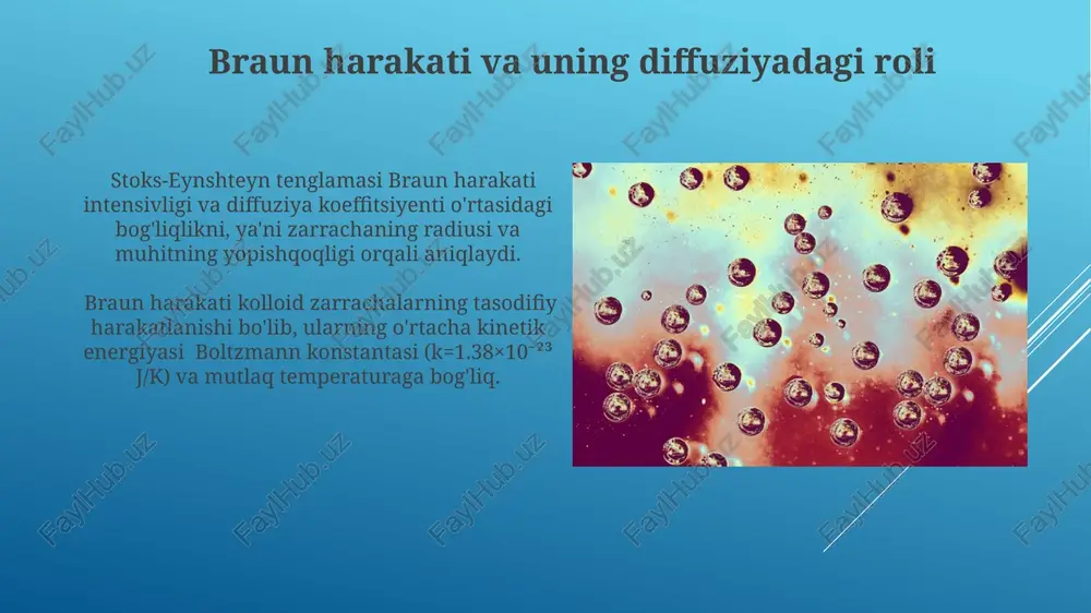 (ikkinchi fik qonuni) ∂c/∂t = d(∂²c/∂x²) ko'rinishida bo'lib, vaqt o'tishi bilan moddaning konsentratsiyasining o'zgarishini ifodalaydi, bu yerda d – diffuziya koeffitsiyenti. diffuziya koeffitsiyenti (d) harorat, muhitning yopishqoqligi va diffuziyalanayotgan zarrachalarning o'lchami kabi omillarga bog'liq bo'lib, 10⁻⁹ dan 10⁻⁵ sm²/s gacha bo'lgan qiymatlarni olishi mumkin. donachalar o'lchamining diffuziyaga ta'siri 100 nm dan katta donachalar uchun diffuziya tezligi sezilarli darajada kamayadi, chunki gravitatsiya ta'siri va stokes-einstein tenglamasiga muvofiq qarshilik kuchayadi. donachalar o'lchami 1-10 nm oralig'ida bo'lganda, brownian harakati tufayli diffuziya tezligi yuqori bo'ladi, chunki kichik zarrachalar suyuqlik molekulalari bilan tezroq to'qnashishadi. zaryadlangan zarrachalarning diffuziyasi yuqori ion kuchiga ega eritmalarda zaryadlangan kolloid zarrachalarining diffuziyasi ekranlash effekti tufayli kamayadi, chunki 10⁻³ mol/l dan yuqori ion kuchlarida elektrostatik o'zaro ta'sirlar zaiflashadi. elektroforetik harakatlanish va diffuziya oʻrtasidagi bogʻliqlik nernst-einstein tenglamasi orqali ifodalanadi, bu yerda diffusiya koeffitsienti va elektroforetik harakatlanish mobilligi oʻrtasidagi munosabat aniqlanadi. diffuziyaning turli xil turlari kolloidlarda diffuziya jarayonining tezligi zarracha o'lchamlari va muhitning yopishqoqligiga …