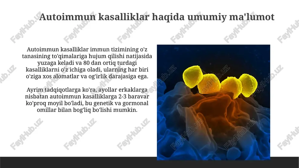 uguruk (skq) sistemli qizil yuguruk (skq)da taxminan 90% hollarda anti-nuklear antitellar (ana) testlari musbat natija beradi, bu kasallikni tashxislashda muhim diagnostik marker hisoblanadi. skq rivojlanishida genetik omillar muhim rol o'ynaydi, ba'zi hla genlari, masalan, hla-drb104, kasallikka moyillikni oshiradi. romatoid artrit romatoid artrit qo'shma to'qimalarning yallig'lanishi bilan tavsiflanadi va taxminan 1% aholi orasida uchraydi, bunda ayollar erkaklarga nisbatan 2-3 baravar ko'p kasallanadi. kasallikning rivojlanishida genetik moyillik muhim rol o'ynaydi, 60% dan ortiq bemorlarda hla-drb1 genining ma'lum allellarini aniqlash mumkin. kollagenozlarning prognozi sistemik lupus eritematosus (sle) kabi ba'zi kollagenozlarning prognozi juda o'zgaruvchan bo'lib, kasallik faolligi va organlar shikastlanishi darajasiga bog'liq. reumatoid artrit kabi ba'zi kollagenozlarda, erta boshlangan va agressiv davolanish, kasallikning rivojlanishini sekinlashtirib, funktsional imkoniyatlarning yo'qotilishini 30% ga kamaytirishi mumkin. e'tiboringiz uchun rahmat @taqdimot_robot image1.jpg image2.jpg image3.jpg image4.jpg image5.jpg image6.jpg image7.jpg image8.jpg image9.jpg image10.jpg image11.jpg image12.jpg