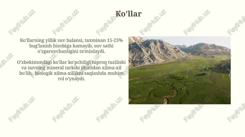 nni saqlashda muhim rol o'ynaydi. ko'llarning turlari yer osti suvlarining koʻpligi tufayli hosil boʻlgan koʻllar (karst koʻllari) yer yuzasining taxminan 10% ini egallaydi va noyob gidrologik xususiyatlarga ega. ko'llar tektonik, muzlik, daryo, lagʻmon, vulkanik va sunʼiy (suv omborlari) kabi 6 ta asosiy turga boʻlinadi, ularning har biri oʻziga xos hosil boʻlish jarayoniga ega. suv omborlari botqoqlarning oʻrtacha chuqurligi 0,5 dan 3 metrgacha oʻzgarib turadi va ularning umumiy maydoni yer yuzasining 6% ni tashkil etadi, bu esa katta suv omborlari hisoblanadi. koʻplab botqoqlar karbonni tortib oladi va 1 gektar botqoq yiliga taxminan 2 tonna co2 ni oʻzlashtirishi mumkin, bu iqlim oʻzgarishiga qarshi kurashda muhim rol oʻynaydi. botqoqliklarning himoyasi botqoqliklarning 30% dan ortig'i o'simliklarning tabiiy filtrlash xususiyatlaridan foydalanib, suv sifati yaxshilanishiga hissa qo'shadi, bu esa suv resurslarini himoya qilishga yordam beradi. botqoqliklarning ekologik ahamiyati yuqori bo'lib, 200 dan ortiq qush turlari va noyob hayvonlarning yashash muhitini tashkil etadi, ularning himoyasi bioxilma-xillikni saqlashga …