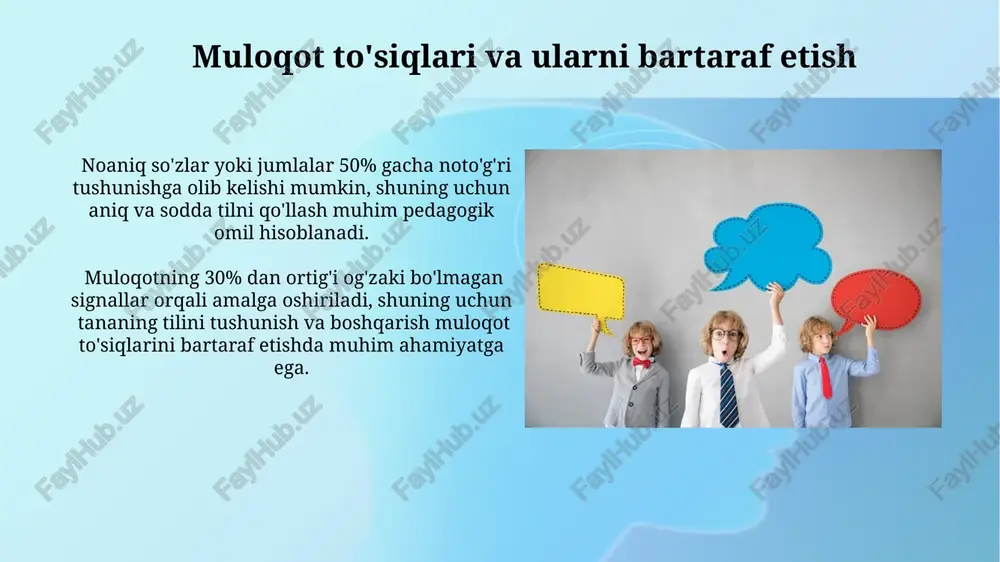imika, imo-ishoralar) dars samaradorligiga 55% gacha hissa qo'shadi, o'quvchilarning tushunishini va qiziqishini oshiradi. muloqot ko'nikmalari ta'rifi samarali muloqot ko'nikmalariga ega bo'lgan o'qituvchi o'quvchilar bilan 2 tomonlama aloqani o'rnatish orqali 90% ga yaqin tushunishni ta'minlaydi. muloqot ko'nikmalarini rivojlantirish uchun 5 bosqichli strategiya, shu jumladan o'z-o'zini baholash va doimiy amaliyotni o'z ichiga oladi. tananing tili va ta'lim nutq texnikasi va tanqidiy fikrlash kabi 3 ta asosiy pedagogik ko'nikma o'quv jarayonida samarali muloqotni ta'minlashda muhim rol o'ynaydi. o'qituvchining muloqot uslubi – avtoritar, demokratik yoki liberatar – o'quvchilarning faol ishtiroki va darsga bo'lgan munosabatiga sezilarli ta'sir ko'rsatadi, natijalar 20% gacha farq qilishi mumkin. e'tiboringiz uchun rahmat @taqdimot_robot image2.jpg image3.jpg image4.jpg image5.jpg image6.jpg image7.jpg image8.jpg image9.jpg image10.jpg image11.jpg image12.jpg image13.jpg image1.png