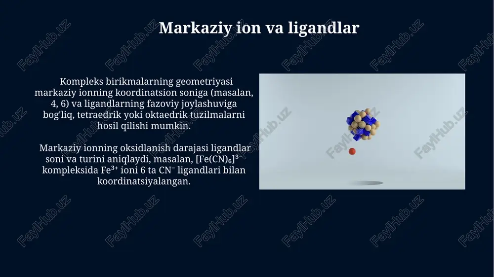 alarini aniqlaydi, masalan, 100 ga yaqin turdagi organik birikmalar mavjud. murakkab birikmalarning tarkibi va xossalari ularni tashkil etuvchi elementlarning turlariga va ular orasidagi kimyoviy bog'lanishlarning turiga bog'liq, misol uchun, nacl (o'ziga xos ion bog'lanishi) va co₂ (kovalent bog'lanish). ionizatsion izomeriya masalan, [cr(nh₃)₅br]so₄ va [cr(nh₃)₅so₄]br komplekslari ionizatsion izomerlar bo'lib, ularning elektr o'tkazuvchanligi va reaksiyalardagi xulq-atvori farq qiladi. ikkinchi kompleksning sulfat ioni tashqarida. ushbu turdagi izomeriya koordinatsion sferada joylashgan ionlar soniga va ularning tashqi sferada joylashganligiga bog'liq, bu esa kompleksning umumiy zaryadini va xossalarini o'zgartiradi. koordinatsion sferaning tuzilishi koordinatsion soni – markaziy ion bilan bog'langan ligandlarning soni bo'lib, u odatda 4, 6 yoki 8 ga teng bo'ladi, ammo kamdan-kam hollarda boshqa qiymatlar ham uchraydi. ba'zi kompleks birikmalarda, koordinatsion sferada 2 yoki undan ortiq turdagi ligandlar mavjud bo'lib, ularning joylashishi cis yoki trans izomerlarini hosil qiladi, bu esa kompleksning xossalariga ta'sir qiladi. murakkab birikmalarni o'rganish usullari murakkab birikmalarning tarkibini aniqlashda elementar tahlil, ya'ni …
