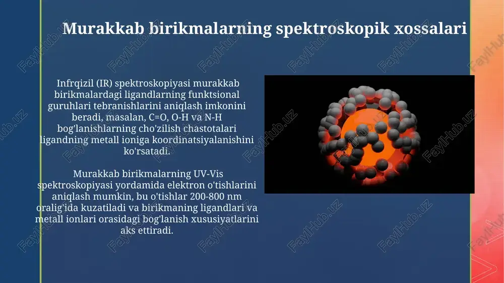 agnit xossalari va reaktivligini aniqlaydi. markaziy ion ligandlar deb ataluvchi neytral molekulalar yoki anionlar bilan koordinatsion bogʻlanishlar hosil qiladi, ularning soni koordinatsion son deb ataladi va 2 dan 12 gacha oʻzgarib turadi. chelat komplekslari xelatlashtirish jarayoni tufayli metall ionlarining reaktivligi pasayadi, bu esa ularning toksikligi kamayishiga va dori vositalari, katalizatorlar va boshqa sohalarda qo'llanilishiga olib keladi. xelat komplekslari metall ionlari bilan ikki yoki undan ortiq koordinatsion bog'lanishlar hosil qiluvchi organik ligandlar (masalan, edta, 2,2'-bipiridin) bilan hosil bo'ladi va bu ularning yuqori barqarorlikka ega bo'lishlariga sabab bo'ladi. koordinatsion son koordinatsion son metall ionining elektron konfiguratsiyasi va liganlarning hajmi va shakliga bog'liq bo'lib, kompleks birikmaning geometriyasini aniqlaydi. ba'zi metall ionlari turli xil koordinatsion sonlarga ega bo'lishi mumkin, masalan, kobalt(ii) 4 yoki 6 koordinatsion songa ega bo'lgan komplekslar hosil qilishi mumkin. murakkab birikmalarning magnit xossalari ba'zi murakkab birikmalar, xususan, 3d elektronlarga ega bo'lgan o'tish metallari komplekslari, kuchli ferromagnetizm yoki antiferromagnetizm xususiyatlarini namoyon qilishi …