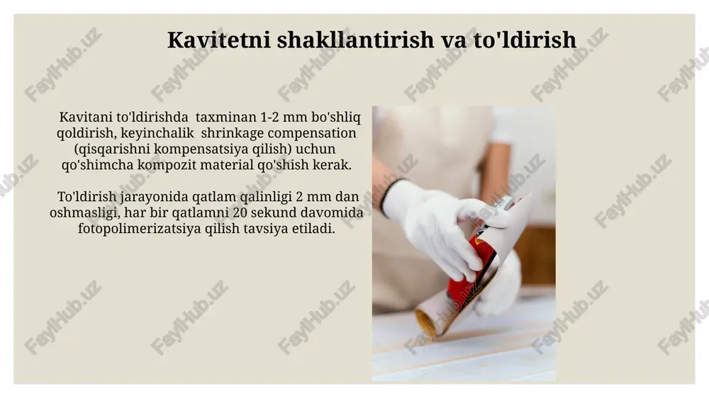 adi. kompozit plomba materiallarining turlari kompozit plomba materiallarining mustahkamligi va chidamliligi ularning to'ldiruvchi zarrachalarining hajmi va miqdoriga bog'liq bo'lib, masalan, 50% gacha to'ldiruvchi zarrachalarga ega bo'lgan kompozitlar yuqori mustahkamlikka ega. kompozit plomba materiallari ikki asosiy turga bo'linadi: makro- va mikro-to'ldirilgan kompozitlar, ularning har biri o'ziga xos xususiyatlarga, masalan, aşınma qarshiligi va estetik ko'rinishiga ega bo'lib, 10 dan ortiq turli xil ranglarda mavjud. e'tiboringiz uchun rahmat @taqdimot_robot image3.jpg image4.jpg image5.jpg image6.jpg image7.jpg image8.jpg image9.jpg image10.jpg image11.jpg image12.jpg