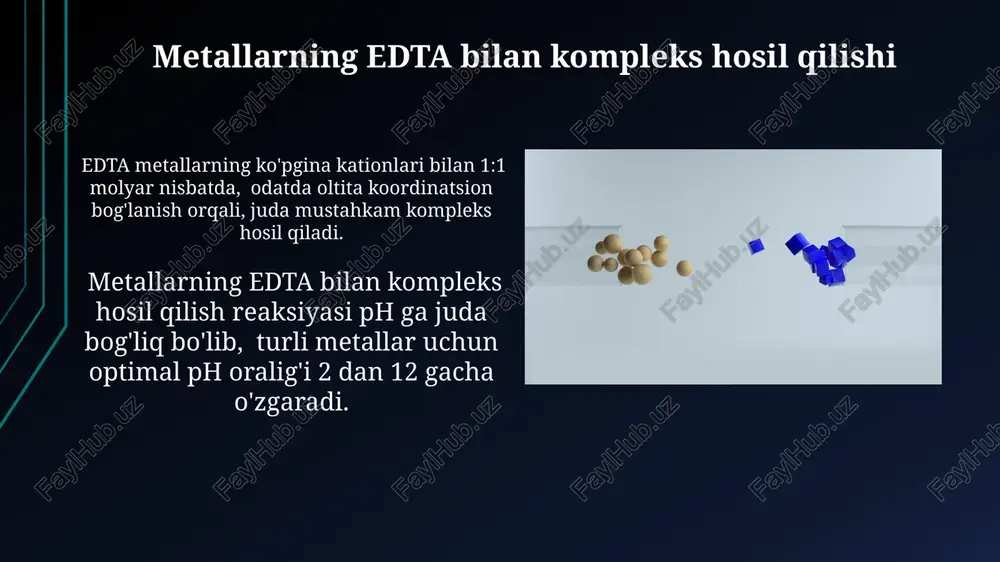 hda qo'llaniladi, bu temir tanqisligi anemiyasini tashxislash uchun muhim diagnostik vosita hisoblanadi. kompleksonometrik titrlash usullari qon plazmasidagi kaltsiy ionlarini (ca²⁺) aniqlashda, odatda, edta bilan kompleks hosil qilish orqali 0,1-0,01 mmol/l konsentrasiyadagi aniqlik bilan qo'llaniladi. kompleksometrik titrlashning afzalliklari va kamchiliklari ushbu usul nisbatan tez va sodda bo'lib, bir vaqtning o'zida bir nechta ionlarni aniqlashga imkon beradi, ammo ph ning o'zgarishi va maskalovchi vositalarni qo'llashni talab qilishi mumkin. kompleksometrik titrlash arzon va oson topiladigan reagentlarni talab qiladi, lekin reaksiya tezligi va muvozanatning o'rnatilishini nazorat qilish muhim ahamiyatga ega, bu esa tajribaning muvaffaqiyatini ta'minlaydi. oziq-ovqat mahsulotlarida metallarning miqdorini aniqlash mis (cu) miqdorini aniqlashda, kompleksometrik usulda 0,01m edta eritmasidan foydalaniladi va titrlash jarayonida ph ning 5-6 oralig'ida saqlanishi muhim ahamiyatga ega. rux (zn) kabi metallarning miqdorini aniqlash uchun kompleksometrik titrlashda, murakkab hosilalarning barqarorlik konstantasi va masalan, 1:1 nisbatdagi metall-ligand kompleksi hosil bo'lishi hisobga olinadi. suv qattiqligini aniqlash suv qattiqligi edta (etilendiamintetrasirka kislotasi) yordamida kompleksometrik …