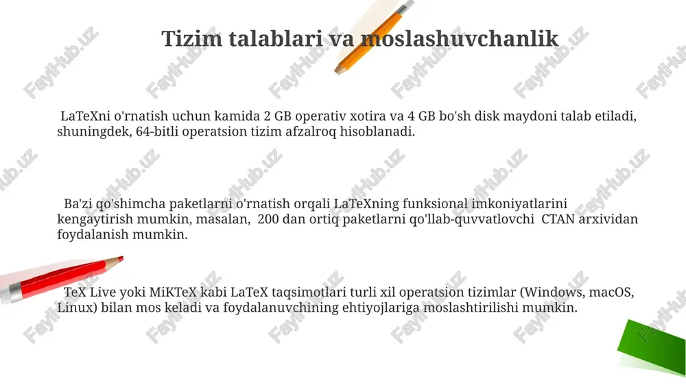 lanish zarur. to'liq o'rnatishdan so'ng, siz texworks, texstudio yoki sublime text kabi 3 ta turli xil tahrirlovchilardan birini tanlashingiz mumkin. miktex paket menejeri yordamida kerakli latex paketlarini, masalan, 200 dan ortiq turli xil paketlarni, osongina yuklab olish va boshqarish mumkin. e'tiboringiz uchun rahmat @taqdimot_robot image2.png image1.png