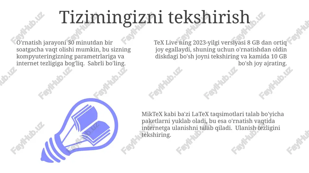 tlar va xato tuzatishlarini o'z ichiga oladi, shuning uchun muntazam yangilanib turish tavsiya etiladi. tex live o'rnatish jarayoni paketlarni tanlash bosqichini o'z ichiga oladi, bu yerda 7000 dan ortiq paketdan keraklilarini tanlashingiz mumkin. mactex o'rnatish mactex’ni o'rnatishda 2 gb dan ortiq bo'sh disk maydoni talab qilinadi va jarayon taxminan 30 daqiqa davom etishi mumkin, shuning uchun sabrli bo'lishingiz kerak. o'rnatish tugagach, siz tex live manager dasturi yordamida qo'shimcha paketlarni, masalan, 1000 dan ortiq qo'shimcha fontlarni o'rnatishingiz mumkin. mactex o'rnatish jarayoni sizni ba'zi bir huquqlarni tasdiqlashni so'raydi; bu jarayonni muvaffaqiyatli yakunlash uchun administrator huquqlariga ega bo'lishingiz kerak. kerakli dasturlarni yuklab olish yuklab olish jarayoni tarmoq tezligiga bog'liq bo'lib, 30 minutdan bir necha soatgacha davom etishi mumkin, shuning uchun sabr-toqatli bo'lishingiz kerak. ba'zi tarqatishlar qo'shimcha paketlarni o'z ichiga olmaydi, shuning uchun sizga kerak bo'lgan 100 dan ortiq qo'shimcha paketlarni alohida yuklab olishingiz mumkin. tex live, miktex yoki mactex kabi 20 gb dan …