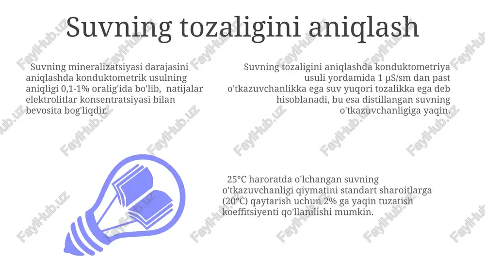 tsiatsiyasi darajasini o'lchash orqali, konduktometriya yordamida 10-3 dan 10-5 mol/l gacha bo'lgan suyultirilgan eritmalarni tahlil qilish mumkin, bu esa kimyoviy jarayonlarni monitoring qilishda muhim ahamiyatga ega. sanoatda, eritmalarning konsentratsiyasini aniqlash uchun konduktometriya keng qo'llaniladi, masalan, 0,1-10 mol/l oralig'idagi kislota eritmalarining konsentratsiyasi aniqlanadi va bu jarayonlarni avtomatlashtirishga yordam beradi. konduktometrik o'lchovlar kuchli elektrolitlarning eritmalarida o'lchangan o'tkazuvchanlik qiymati konsentrasiyaga to'g'ridan-to'g'ri proportsional bo'ladi, 1 mol/l nacl eritmasining xususiy o'tkazuvchanligi taxminan 10 s/m atrofida. konduktometrik titrlashda o'tkazuvchanlik o'zgarishining ekvivalent nuqtasini aniqlash orqali eritmadagi moddaning konsentrasiyasi aniqlanadi, bu usul 0.001 m gacha bo'lgan eritmalarni tahlil qilishga imkon beradi. konduktometrik o'lchovlar eritmadagi ionlarning konsentrasiyasi va harakatchanligiga bog'liq bo'lib, o'tkazuvchanlik 10⁻⁶-10⁻¹ s/sm oralig'ida o'lchanadi va temperaturaga juda sezgir. konduktometriyaning qo'llanilishi konduktometriya yordamida eritmalardagi ionlarning konsentratsiyasi 10 -1 dan 10 -5 mol/l gacha aniqlanadi, bu esa kimyoviy analizda muhim ahamiyatga ega. elektrolitik dissotsiatsiya darajasini va kislota-asosli konstantalarni aniqlashda konduktometrik usullar, 0,01 dan 1 mol/l gacha bo'lgan eritmalar uchun …