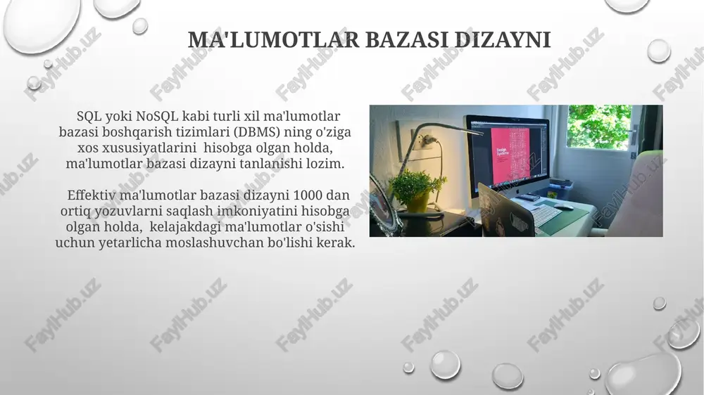 uvvatlanishini yaxshilash uchun muhim bo'lib, masalan, 4 dan ortiq bo'lmagan satr uzunligini va izchil nomlash konventsiyalarini belgilaydi. funktsiyalarni nomlashda verb-nouns (fe'l-ot) tuzilmasidan foydalanish, masalan, `getuserdata()`, kodning aniqligi va tushunarliligini oshiradi hamda loyihaning texnik hujjatlarini takmillashtiradi. dizayn hujjatlarini taqdim etish muvaffaqiyatli taqdimot uchun 20 dan ortiq slayd va har bir slaydda 5-7 ta muhim kalit so'z yoki raqamli ko'rsatkichlar bo'lishi maqsadga muvofiqdir. dizayn hujjatlarini taqdim etishda auditoriyaga moslashgan 3 xil taqdimot uslubidan (rasmiy, yarim rasmiy, norasmiy) biri tanlanishi va 15-20 daqiqalik vaqt oralig'ida amalga oshirilishi tavsiya etiladi. e'tiboringiz uchun rahmat @taqdimot_robot image3.png image4.jpg image5.jpg image6.jpg image7.jpg image8.jpg image9.jpg image10.jpg image11.jpg image12.jpg image13.jpg image14.jpg image15.jpg image1.png