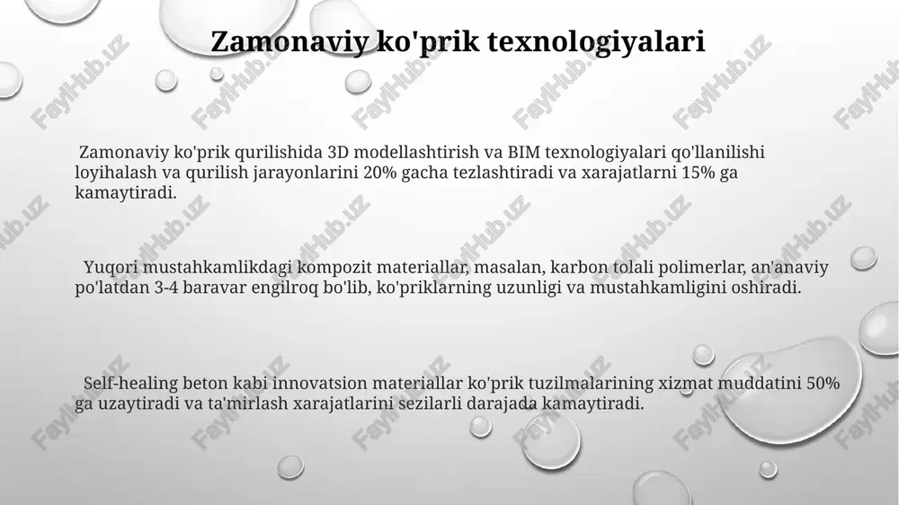stahkamlikka ega kompozit materiallardan foydalanish, an'anaviy po'lat konstruktsiyalariga nisbatan 40% engilroq va 2 barobar mustahkamroq ko'priklar yaratish imkonini beradi. e'tiboringiz uchun rahmat @taqdimot_robot image1.png image2.png image3.png