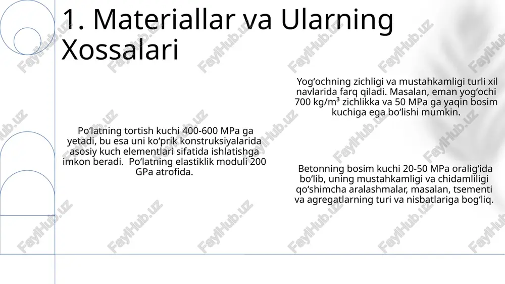 liklarni samarali qoplashi bilan ajralib turadi, nisbatan qurilish xarajatlari kamroq. arched ko'priklarning tasavvur qilinmagan mustahkamligi, 100 yildan ortiq xizmat muddati bilan tasdiqlanadi, ularning yük tashish qobiliyati va konstruksiyasi arxitekturaviy go'zallikka ega. ko'priklarning 30% dan ortig'i po'latdan yasalgan bo'lib, ularning yuqori mustahkamlik chegarasi va egiluvchanligi tufayli uzun masofalarni qoplashlari mumkin. 7. ko'prik turlari va ularning xususiyatlari e'tiboringiz uchun rahmat @taqdimot_robot image1.png image2.png image3.png image4.png image5.png image6.png image7.png image8.png