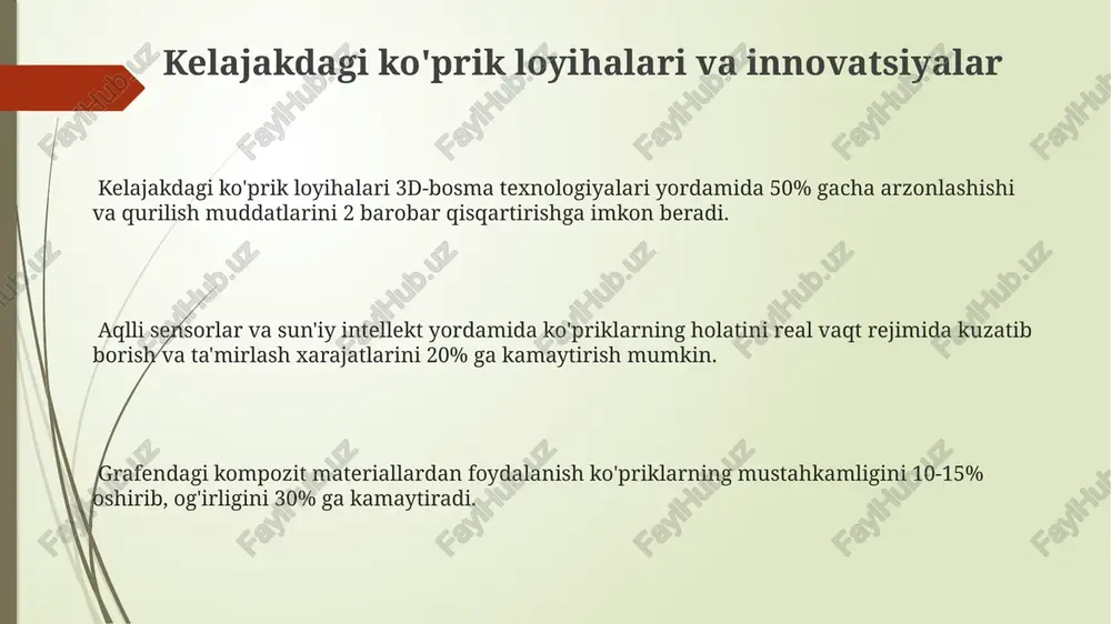 in. zamonaviy ko'prik qurilishida yuqori mustahkamlikka ega kompozit materiallar, masalan, uglerod tolali polimerlar (cfrp), qo'llanilmoqda, bu esa 30% gacha og'irlikni kamaytiradi va mustahkamlikni oshiradi. rim davridagi ko'priklar rimlik muhandislar tomonidan qurilgan ko'priklarning aksariyati asosiy yo'llar bo'ylab joylashtirilgan va ularning o'rtacha ko'tarish quvvati 10 tonnagacha bo'lgan. rim davridagi ko'prik qurilishida asosan tosh va beton kabi materiallardan foydalanilgan bo'lib, bunday ko'priklarning o'rtacha uzunligi 20-50 metrni tashkil etgan. rim imperiyasi davridagi ko'prik konstruktsiyalarining muhim xususiyati – ularning arkalarining ayniqsa nozik va mustahkam bo'lishi edi, bunda 30 dan ortiq arkadan iborat ko'prik loyihalari ham mavjud bo'lgan. e'tiboringiz uchun rahmat @taqdimot_robot