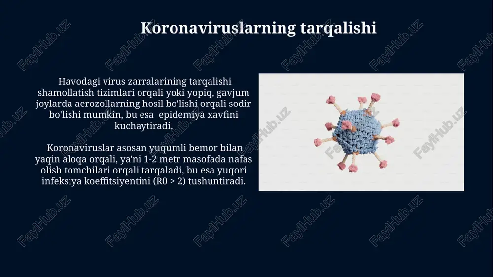 ni olish maqsadida, antioksidantlar bilan davolash, masalan, vitamin s va e, bemorda 15% ga yaxshilanish kuzatiladi. koronavirus va jamiyat koronavirusga qarshi kurashda o'zbekistonda 90% dan ortiq aholi emlash kampaniyasida ishtirok etdi, lekin immunitetning kuchliligi har xil omillarga bog'liq bo'lib qoldi. pandemiya davrida o'zbekiston iqtisodiyoti jahon miqyosidagi ta'sirlar tufayli 5% atrofida pasayishni boshdan kechirdi, bu esa millionlab odamlarning turmush darajasiga ta'sir ko'rsatdi. koronaviruslar nima? sars-cov-2, covid-19 kasalligini keltirib chiqaruvchi koronavirus, yuqori oʻlim darajasi va oʻpkaga katta zarar yetkazishi bilan ajralib turadi, bu virusning oʻziga xos xususiyatlaridan biridir. koronaviruslar rna viruslar oilasiga mansub boʻlib, ularning genomida taxminan 27-32 kilobazali rna molekulasi mavjud. e'tiboringiz uchun rahmat @taqdimot_robot image5.jpg image6.jpg image7.jpg image8.jpg image9.jpg image10.jpg image11.jpg image12.jpg image13.jpg image14.jpg image15.jpg image16.jpg image1.jpg