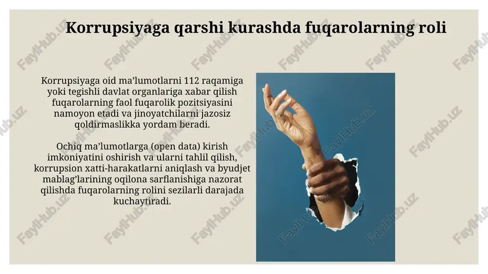 zoratini kuchaytiradi, bu esa korruptsion xatti-harakatlarning 30% gacha kamayishiga olib kelishi mumkin. qonun ustuvorligini ta'minlash qonun ustuvorligini ta'minlash uchun 5 ta asosiy yo'nalish – shaffoflik, hisobot berish, mustaqil sud tizimi, kuchli huquqiy baza va jamoatchilik nazorati – muhim ahamiyatga ega. davlat organlarining 70%ida elektron hukumat tizimlari joriy etilishi natijasida byurokratik to'siqlar kamayib, qonun ustuvorligini ta'minlashga hissa qo'shadi. korrupsiyaga qarshi kurashda xalqaro hamkorlik oecdning korrupsiyaga qarshi kurash bo‘yicha konvensiyasi, 40 dan ortiq davlatni birlashtirib, poraxo'rlikka qarshi kurashda xalqaro hamkorlikni mustahkamlashga qaratilgan, jinoyatchilarni ta'qib qilish va aktivlarni muzlatish borasida hamkorlikni nazarda tutadi. korrupsiyaga qarshi kurashda bmtning konvensiyasi, 1990 yilda qabul qilingan, davlatlarga korrupsiyaga qarshi kurashda xalqaro hamkorlikni kuchaytirish bo‘yicha majburiyatlar yuklaydi, bu esa huquqiy yordam va aktivlarni qaytarish kabi mexanizmlarni o’z ichiga oladi. korrupsiyaning iqtisodiy oqibatlari korruptsiya davlat byudjetining 15-20% gacha kamayishiga, ya’ni milliy daromadning sezilarli qismining yo’qotilishiga olib kelishi mumkin. bu esa ijtimoiy dasturlarni moliyalashtirishga salbiy ta’sir ko’rsatadi. korrupsiya tufayli investitsiyalar …