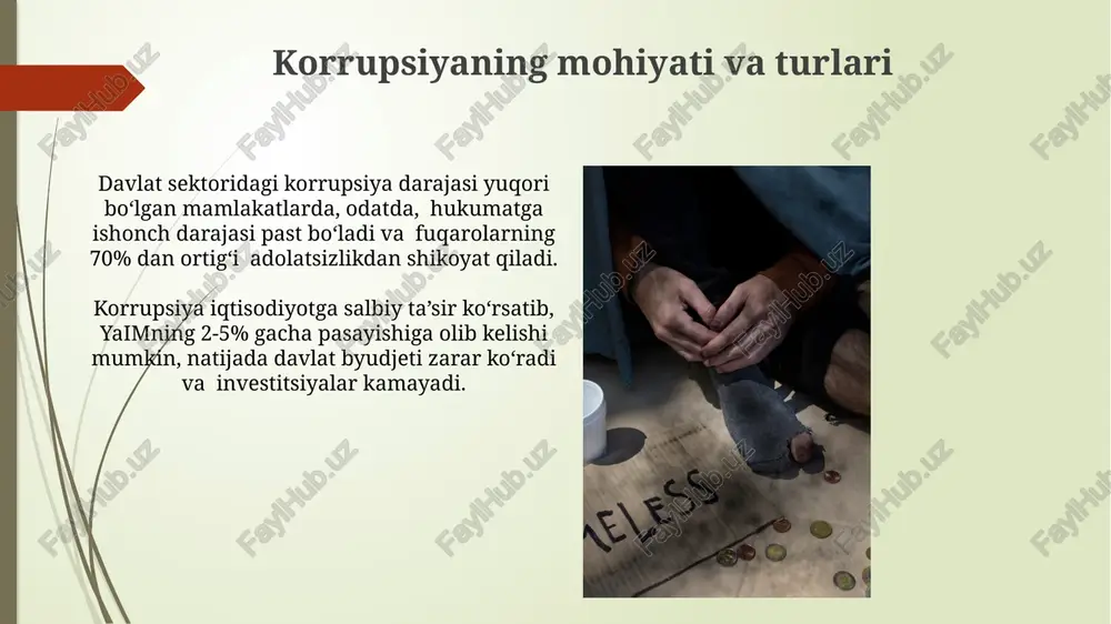 u esa davlat organlarining hisobdorligini oshirishga yordam berdi. korrupsiyaning siyosiy oqibatlari korrupsiyalashgan hukumatlar samarali siyosat o'tkaza olmaydi, byudjet mablag'larining 15-20% gacha korrupsiyaga sarflanishi iqtisodiyotning sustlashishiga va ijtimoiy dasturlarni qisqarishiga olib keladi. korrupsiya saylovlarning qonuniyligiga putur yetkazadi, ovoz sotib olish va saylovchilarni qo'rqitish kabi noqonuniy amallar natijasida demokratiya tamoyillari buziladi, bu esa siyosiy ishonchsizlikka olib keladi. kelajakdagi tahdidlar va oldini olish choralari korruptsiya iqtisodiyotga 20-30% gacha zarar yetkazishi mumkin, bu esa kelajakdagi rivojlanishni sekinlashtiradi va yashash darajasini pasaytiradi, shuning uchun shaffoflik va hisobot berish tizimlarini kuchaytirish zarur. korrupsiya tufayli davlat byudjetidan yillik 5 milliard dollardan ortiq mablag' o'g'irlanishi ehtimoli mavjud bo'lib, bu ta'lim, sog'liqni saqlash va infratuzilma kabi muhim sohalarning rivojlanishiga salbiy ta'sir ko'rsatadi. anti-korrupsiya agentliklarining vakolatlarini kengaytirish muhimdir. korrupsiya va yoshlar ta'lim muassasalarida korrupsiya holatlari, masalan, imtihonlarda pora berish, yoshlarning axloqiy-ma'naviy qadriyatlariga salbiy ta'sir ko'rsatib, kelajakdagi rahbarlarning sifatiga putur yetkazadi. yosh avlodning 60% dan ortig'i korrupsiyaga duch kelgan yoki uning …