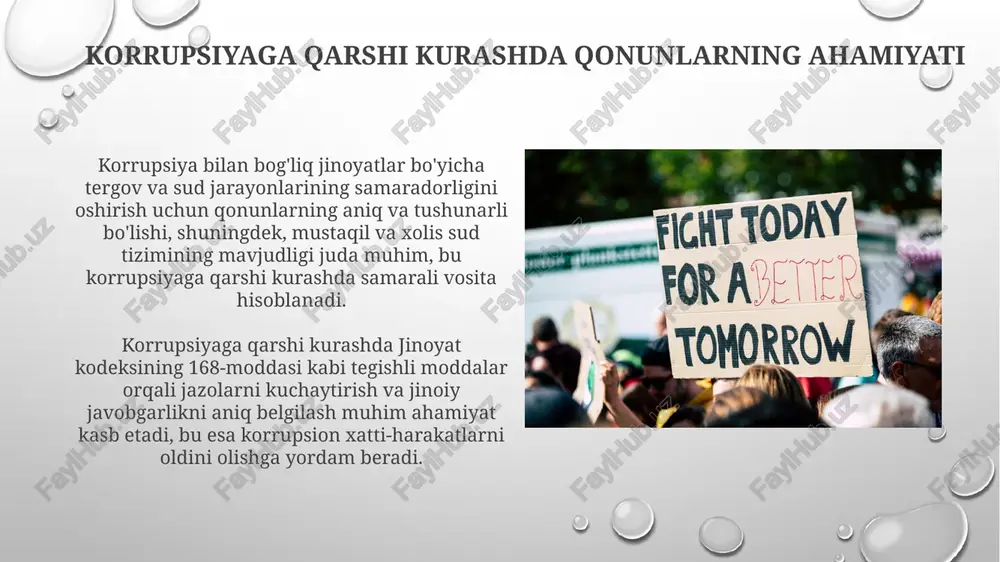 aviy axborot vositalaridan foydalanib xabar tarqatish va davlat organlariga muayyan takliflar bilan chiqish orqali muhim rol o'ynaydi. korrupsiyaga oid ma'lumotlarning 30% dan ortig'i aynan fuqarolik jamiyati faollarining xabarlari va shikoyatlari orqali aniqlanadi, bu esa ularning korrupsiyaga qarshi kurashdagi samaradorligini ko'rsatadi. shaffoflik va hisobot berishning ahamiyati davlat idoralari faoliyatining shaffofligi fuqarolarning ishonchini oshiradi va ularning davlat ishlariga jalb etilishini 15% ga ko'paytiradi, bu esa korrupsiyaga qarshi samarali kurashga yordam beradi. shaffoflik va hisobot berish korrupsiyaga qarshi kurashda muhim rol o'ynaydi, chunki bu 20% ga yaqin byudjet mablag'larining oqilona sarflanishini ta'minlaydi va o'g'irliklarni kamaytiradi. korrupsiyaga qarshi kurashda xalqaro hamkorlik korrupsiyaga qarshi kurashda bmtning 20 dan ortiq konvensiyasi va deklaratsiyasi mavjud bo'lib, davlatlararo hamkorlikni mustahkamlashga qaratilgan. g20 va oecd kabi xalqaro tashkilotlar korrupsiyaga qarshi kurash bo'yicha o'zaro tajriba almashish va huquqiy yordam ko'rsatish orqali hamkorlikni kuchaytirmoqdalar. korrupsiyaning ijtimoiy oqibatlari korrupsiya davlat byudjetidan yillik 10 milliard dollardan ortiq mablag'ni o'g'irlashga olib kelishi va shu …
