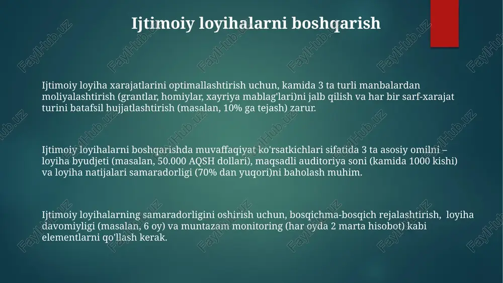 . muloqot va hamkorlik loyihalarni muvaffaqiyatli bajarishda muloqot va hamkorlikning ahamiyati 70% ga teng, qolgan 30% esa boshqa omillarga to'g'ri keladi. muloqot jarayonlarini 3 bosqichga (tayyorgarlik, muloqot, natijalarni baholash) bo'lish orqali samaradorligini 20% ga oshirish mumkin. samarali hamkorlikni rivojlantirish uchun kamida 5 ta asosiy omil (ishonch, ochiqlik, o'zaro hurmat, maqsadlarning aniqligi, muammolarni birgalikda hal qilish) hisobga olinishi kerak. korporativ madaniyat va qadriyatlar kuchli korporativ qadriyatlar, masalan, halollik va innovatsiya, mehnat unumdorligini 20% ga oshirish orqali, raqobatbardoshlikni kuchaytirishga va moliyaviy natijalarni yaxshilashga yordam beradi. samarali ijtimoiy rivojlanishni boshqarish, korporativ madaniyat va qadriyatlarni rivojlantirish orqali xodimlarni jalb qilish va saqlab qolishda muhim bo'lib, ishdan bo'shatish darajasini 15% gacha kamaytirishi mumkin. korporativ madaniyat, xodimlarning 70% gacha faol ishtirokini ta'minlab, kompaniyaning uzoq muddatli strategik maqsadlariga erishishda muhim rol o'ynaydi va yuqori darajadagi mijozlarning sodiqligi bilan bog'liq. xodimlar bilan munosabatlarni boshqarish xodimlarni rag‘batlantirishning samarali tizimi, masalan, 15% gacha bonuslar va 3 kunlik qo‘shimcha ta’til, ish …