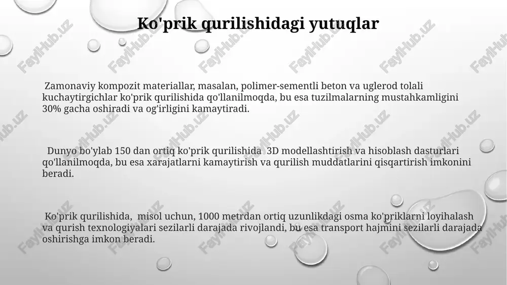 rish uchun, yangi texnologiyalar yordamida 7 balli zilzilaga chidamli, gidravlik izolyatorlar va energiya tarqatuvchi tizimlar o'rnatilgan ko'prik loyihalari ishlab chiqilmoqda. bardoshli ko'prik qurilishida zamonaviy kompozit materiallar (masalan, uglerod tolasi)ning qo'llanilishi tufayli, an'anaviy po'lat konstruktsiyalariga nisbatan 30% ga yengilroq va 2 barobar mustahkamroq ko'priklar yaratish mumkin bo'ldi. ko'prik qurilishi xavfsizligini ta'minlash uchun, qurilish jarayonida ishchilarning himoyasi uchun 3 bosqichli xavfsizlik tizimi va avtomatlashtirilgan nazorat tizimlari qo'llanilmoqda, bu esa baxtsiz hodisalar sonini 15% ga kamaytirdi. e'tiboringiz uchun rahmat @taqdimot_robot image1.png image2.png image3.png