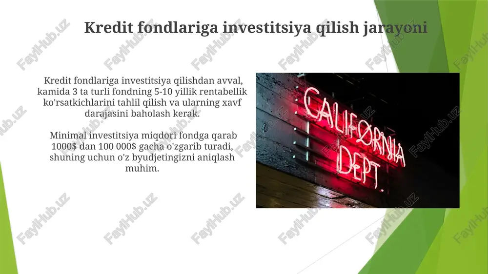 ersifikatsiya qilish maqsadida, turli sohalardagi 5-15 ta loyihaga bir vaqtning oʻzida mablagʻ ajratishi mumkin. kredit fondlari va bank kreditlari o'rtasidagi farqlar kredit fondlari investitsiya muddati bo'yicha bank kreditlariga nisbatan ancha kengroq diapazonga ega bo'lishi mumkin, ba'zilari 1 yildan 10 yilgacha investitsiya qilish imkoniyatini taqdim etadi. bank kreditlari odatda qat'iyroq talablarga ega bo'lib, kredit tarixi va moliyaviy holatga qat'iy baho beradi, kredit fondlari esa ancha moslashuvchan va kamroq hujjat talab qiladi. kredit fondlarining manbalari kredit fondlari o'z faoliyatini moliyalashtirish uchun, investorlarning 10 million dollar dan ortiq miqdordagi investitsiyalarini ham jalb qiladi, bu esa ularning o'sishini ta'minlaydi. davlat byudjetidan ajratilgan mablag'lar kredit fondlarining 15-20% ini tashkil etib, muhim rol o'ynaydi, ayniqsa, kichik va o'rta biznesni qo'llab-quvvatlashda. e'tiboringiz uchun rahmat @taqdimot_robot image1.jpg image2.jpg image3.jpg image4.jpg image5.jpg image6.jpg image7.jpg image8.jpg image9.jpg image10.jpg image11.jpg image12.jpg