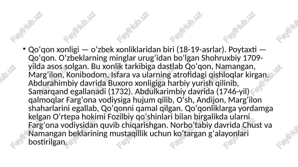 lar yuklaydi. natijada 1842-yil yozda qoʻqonliklar qoʻzgʻolon koʻtaradi, amir nasrulloga sodiq kishilarning koʻpchiligini oʻldiradilar va norboʻtabiyning ukasi hojibekning oʻgli sheralini xon qilib koʻtarishadi. buni eshitgan buxoro amiri qoʻqonga qoʻshin tortib oʻz hukmronligini qayta oʻrnatish uchun uni qamal qiladi. . bu voqeadan xabar topgan amir nasrullo qoʻqonga bostirib kelib, uni talon-toroj qiladi. u shu qirgʻinbarot davomida muhammad alini, uning ukasi sulton mahmudxonni, onasi nodirabegimni va boshqa yuqori mansabdorlarni qatl ettiradi. amir farmoni bilan qoʻqon xonligi buxoro noibi tomonidan boshqarila boshlangan. amir noibi qoʻqon xonligi aholisiga ogʻir soliqlar yuklaydi. natijada 1842-yil yozda qoʻqonliklar qoʻzgʻolon koʻtaradi, amir nasrulloga sodiq kishilarning koʻpchiligini oʻldiradilar va norboʻtabiyning ukasi hojibekning oʻgli sheralini xon qilib koʻtarishadi. buni eshitgan buxoro amiri qoʻqonga qoʻshin tortib oʻz hukmronligini qayta oʻrnatish uchun uni qamal qiladi. biroq qamalning qirqinchi kuni xiva xoni olloqulixonning buxoro hududiga qilgan hujumi haqidagi xabarni eshitib, orqaga qaytishga majbur boʻlgan. image1.jpeg image2.jpeg image3.jpeg image4.jpeg image5.jpeg image6.jpeg image7.jpeg image8.jpeg image9.jpeg …