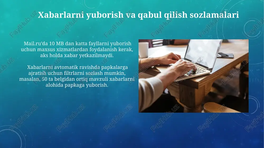 ini beradi. spam xabarlar bilan kurashish mail.ru’ning spam filtrini faollashtiring va uning sezgirlik darajasini 3 dan 5 gacha o'rnating, bu keraksiz xabarlar sonini 70% ga kamaytiradi. hech qachon noma'lum manbalardan kelgan fayllarni ochmang va shubhali xabarlarni darhol "spam" ga yuboring, bu viruslar va firibgarliklardan himoya qiladi. muhim xabarlarni belgilab qo'yish mail.ru'dagi "muhim" yorlig'i orqali 1000 tagacha xabarni ajratib qo'yishingiz va keyinchalik ularni filtrlashingiz mumkin, bu vaqtni tejaydi. qidiruv tizimidan foydalanib, ma'lum kalit so'zlar yoki yuboruvchi manzillar bo'yicha muhim xabarlarni topishingiz mumkin, bu jarayonni 20% ga tezlashtiradi. keraksiz xabarlarni o'chirish "qidiruv" funksiyasi yordamida keraksiz so'zlar yoki manbalarni ko'rsatib, tegishli xabarlarni aniqlash va ularni bir zumda o'chirish mumkin, bu sizga vaqtingizni tejaydi. mail.ru’da 100 dan ortiq keraksiz xabarlarni bir vaqtning o‘zida tanlab, “hammasini o‘chirish” tugmasini bosish orqali tezkor tarzda o‘chirishingiz mumkin. e'tiboringiz uchun rahmat @taqdimot_robot image3.png image4.jpg image5.jpg image6.jpg image7.jpg image8.jpg image9.jpg image10.jpg image11.jpg image12.jpg image13.jpg image14.jpg image15.jpg