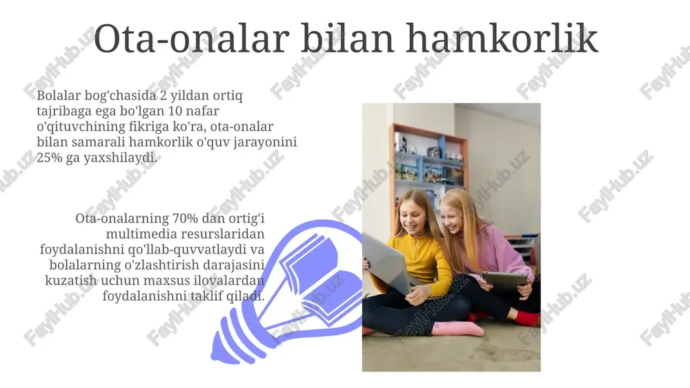 interaktiv doskalar yordamida amalga oshiriladigan multisensorli o‘quv usullari (masalan, audio va vizual qo‘llab-quvvatlash) bolalarning o‘qishga bo‘lgan qiziqishini 40% ga oshiradi va xotira hajmini yaxshilaydi. animatsion filmlar va videolar animatsion filmlar bolalarga 5-7 daqiqalik qisqa videolar orqali yangi so‘zlarni va grammatik tuzilmalarni osongina o‘zlashtirishga yordam beradi, bu esa e'tiborni jalb qilish va fikrlash jarayonini rivojlantirishga yordam beradi. rang-barang va jozibali animatsion filmlar yordamida bolalar 30 dan ortiq yangi so‘zlarni osongina yod oladi, bu esa lug‘at boyligini kengaytiradi va muloqot ko‘nikmalarini yaxshilaydi. maktabga tayyorgarlik ko'rayotgan maktabgacha yoshdagi bolalarga savodxonlikni o'rgatishda multimedia texnologiyalaridan foydalanish multimedia resurslari, masalan, animatsion filmlar va qo'shiqlar, bolalarning lug'atini boyitishga va 30% ga yaqin yangi so'zlarni o'rganishga yordam beradi. maktabgacha yoshdagi bolalarga interfaol o'yinlar orqali 5-7 minutlik videoroliklar yordamida alifbo va raqamlarni o'rgatish, ularning xotirasi va diqqatini 20% ga oshirishga yordam beradi. raqamli rasmlar va taqdimotlar 01 02 raqamli rasmlar orqali 5-7 yoshli bolalarga 20 ta yangi so'z va …