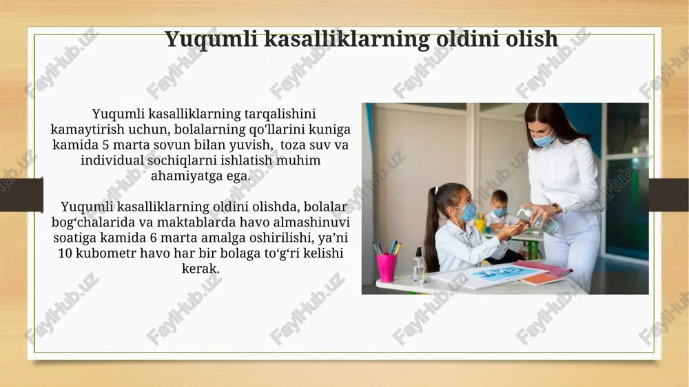 larining soni bolalar soniga 20% ni tashkil etishi kerak va ularning yuqori sifatli dezinfektsiyasi ta'minlanishi lozim. bolalar bog'chalarining sanitariya-gigiyena jihozlari yosh bolalar guruhlaridagi o'yin maydonchalari kamida 100 m² maydonni egallashi, uning yuzasi silliq, yassi va travma olish xavfini kamaytiruvchi yumshoq materiallar bilan qoplangan bo'lishi shart. o'rindiqlar soni bolalar soniga mos kelishi va har bir bola uchun kamida 0,5 m² maydon ajratilishi, shuningdek, har bir guruh xonasida havo almashinuvini ta'minlash uchun soatga kamida 3 marta shamollatish tizimi ishlashi lozim. havoning tozaligi va namligi havoning namligi 40-60% oralig'ida bo'lishi, bolalarning nafas olish yo'llari kasalliklarining oldini olish uchun juda muhim sanaladi. maktab binolaridagi havo almashinuvi soatiga kamida 6 marta amalga oshirilishi kerak, bu esa havoning tozaligini ta'minlaydi. e'tiboringiz uchun rahmat @taqdimot_robot image7.jpg image8.jpg image9.jpg image10.jpg image11.jpg image12.jpg image13.jpg image14.jpg image15.jpg image16.jpg image17.jpg image18.jpg image3.png image4.png