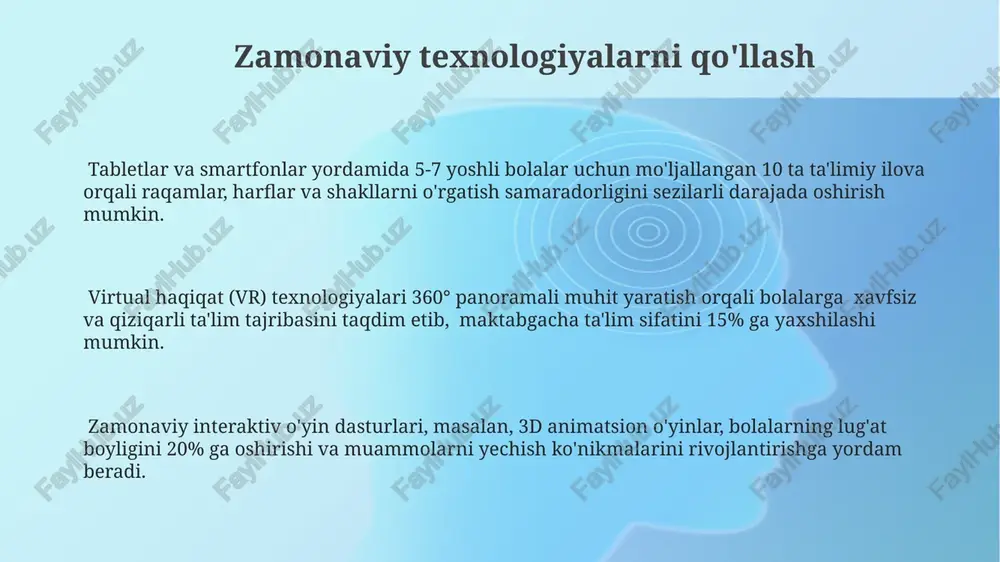 "lotto" o'yinlari raqamlarni, geometrik shakllarni yoki harflarni tanib olish qobiliyatlarini oshirishda va vizual xotirani mustahkamlashda muhim rol o'ynaydi. matematika o'yinlarida 1 dan 10 gacha sonlarni o'rganish uchun rangli bloklar yoki kublardan foydalanish, qo'shish va ayirish amallarini amaliy tarzda o'rgatish uchun samarali usul hisoblanadi. maktabgacha ta'lim muassasalarida o'yinlarning ahamiyati maktabgacha yoshdagi bolalarning kognitiv rivojlanishiga ijobiy taʼsir ko'rsatadigan o'yinlar soni kamida 30% ni tashkil etadi, bu esa ularning muammo hal qilish va mantiqiy fikrlash qobiliyatlarini yaxshilashga yordam beradi. o'yinlar orqali bolalar lug'at boyligini 20-25% ga oshirishi, nutqini rivojlantirishi va turli mavzular bo'yicha bilimlarini boyitishlari mumkin, bu esa ularning maktabga tayyorgarligiga ijobiy taʼsir qiladi. ijtimoiy-emotsional rivojlanishda o'yinlar muhim rol o'ynaydi, chunki ular bolalarning 70% gacha bo'lgan qismida o'zaro munosabatlarni o'rnatish, hamkorlik qilish va his-tuyg'ularini boshqarish ko'nikmalarini rivojlantiradi. til rivojlantirish o'yinlari til rivojlantirish o'yinlari 3-5 yoshli bolalar uchun fonetik eshitishni, leksik zahirani va grammatik tuzilmalarni o'zlashtirishga qaratilgan bo'lib, 20 dan ortiq turli o'yinlarni o'z …