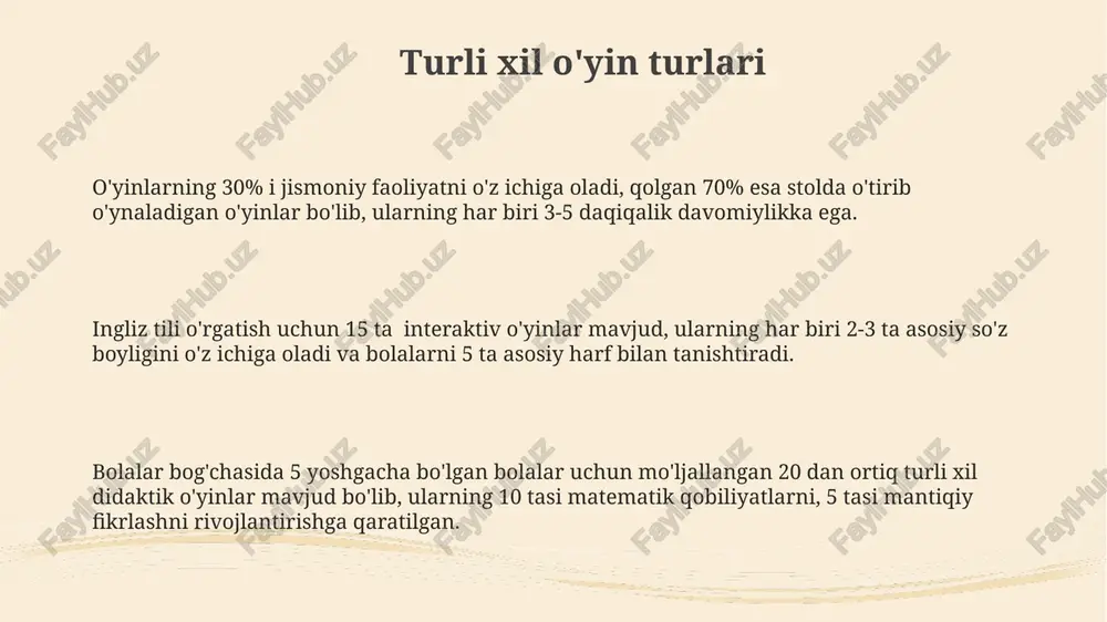 bolalarning kognitiv rivojlanishiga ijobiy ta'sir ko'rsatib, muammolarni yechish qobiliyatlarini 20% ga oshirishi va 5 yoshgacha bo'lgan bolalarda xotira hajmini sezilarli darajada yaxshilaydi. o'yin jarayonini tashkil etish o'yin davomiyligi 20-30 minut oralig'ida bo'lishi, bolalarning diqqatini jalb qilish va zerikishning oldini olish uchun turli xil faoliyat turlarini (masalan, harakatli va tinch o'yinlar) o'z ichiga olishi kerak. guruhdagi bolalar sonini hisobga olgan holda, har bir bolaga etarli darajada e'tibor qaratishi va individual yondashuvni ta'minlash uchun o'yinni 5-8 kishilik kichik guruhlarda o'tkazish tavsiya etiladi. o'yin jarayonida 3-5 yoshli bolalar uchun mo'ljallangan kamida 2 ta turli xil o'quv vazifalarini qo'shish, ularning fikrlash qobiliyatini va muammolarni yechish mahoratini rivojlantirishga qaratilgan. e'tiboringiz uchun rahmat @taqdimot_robot