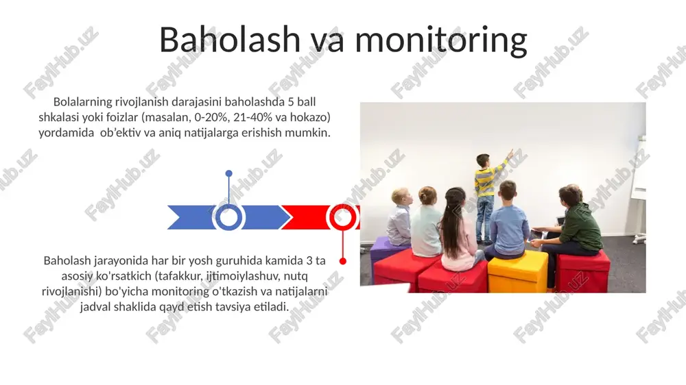 bir guruh uchun zarur bo'lgan o'yinchoqlar va o'quv-qurollari soni (kamida 20 tadan) hisobga olinishi kerak. sensorli rivojlanishni hisobga olgan holda, har bir sinf xonasida kamida 3 xil turdagi sensor materiallar (masalan, teksturali to'qimalar, turli shakldagi geometrik figuralar) va o'yinchoqlar (kamida 10 ta) bo'lishi kerak. sinf xonalarini tashkil etish pedagogik xodimlarni tayyorlash ta’lim jarayonini monitoring qilish va baholash uchun 3 bosqichli tizimni joriy etib, pedagoglarning o‘z faoliyatini takomillashtirishga yo‘naltirilgan 10 ta mezonni qo‘llash ularning malakasini oshirishga yordam beradi. pedagogik xodimlarni tayyorlashda kamida 5 yillik tajribaga ega bo‘lgan murabbiylarni jalb qilish va ularga zamonaviy pedagogik texnologiyalar, shu jumladan 3 ta turdagi o‘quv uslublari bo‘yicha treninglar o‘tkazish samarali hisoblanadi. kognitiv rivojlantirish kognitiv rivojlanishni baholash uchun 6 yoshgacha bo'lgan bolalar uchun mo'ljallangan "reyvenning rangli progressiv matritsalari" testidan foydalanish mumkin, bu test vizuospatial fikrlash va muammo hal qilish qobiliyatlarini aniqlashga yordam beradi. maktabgacha ta’lim muassasalarida 3-5 yoshli bolalar uchun kognitiv rivojlantirish dasturi, o'yinlar orqali mantiqiy …