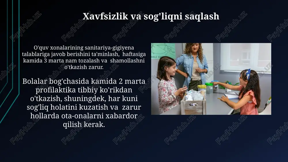 a bu vaqt davomida o'quvchilarning diqqatini jalb qilish strategiyasi qo'llaniladi. bolalar bilan o'zaro munosabatlar har bir bola bilan kuniga kamida 15 daqiqa alohida muloqot qilish, ularning his-tuyg'ularini tushunish va ularning ehtiyojlariga javob berish, ijobiy munosabatlarni shakllantirishga yordam beradi. guruhdagi 20 nafar boladan kamida 15 nafari bilan samarali o'zaro munosabatlarni o'rnatish, ularning o'zaro hamkorlik qobiliyatlarini rivojlantirish va ijtimoiylashuviga hissa qo'shish juda muhimdir. hisobotlar va hujjatlar maktabgacha ta'lim muassasasida kamida 3 ta turdagi hisobotlar (ta'lim jarayoni, moliyaviy, kadrlar) yuritiladi va yil yakunida umumlashtiriladi, bu hisobotlarda 20-30 nafar bolaning rivojlanishi aks ettiriladi. ta'lim jarayonidagi o'zgarishlarni, yangi usullarni joriy etishni va bolalarning yutuqlarini aks ettiruvchi yillik rejalar, o'quv dasturlari va hisobotlar (kamida 10 ta) elektron va qog'oz shakllarida saqlanishi lozim. o'quv materiallarini tayyorlash o'quv materiallarini tayyorlashda kamida 3 xil o'yin texnikasidan (masalan, didaktik o'yinlar, rol o'ynash, konstruktorlar) foydalanish bolalarni faol jalb qilish va bilimlarni mustahkamlashga yordam beradi. bolalarning yosh xususiyatlarini hisobga olgan holda, o'quv …