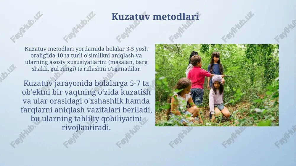 biat bilan aloqasi bo'yicha 5 tadan ortiq tavsiyalar berish muhim. tajriba metodlari tajriba metodlari yordamida bolalar 5-7 yosh oralig'ida tabiat hodisalari haqida 3 ta asosiy tushunchaga ega bo'lishlari mumkin: o'simliklarning o'sishi, hayvonlarning turmush tarzi va ob-havo o'zgarishlari. sensorli qutilar va modellardan foydalanib, 20 dan ortiq turdagi tabiiy materiallar bilan o'tkazilgan tajribalar bolalarning sezgi organlari orqali bilish jarayonini boyitadi. tabiatni bilishning bosqichlari 4-5 yoshdagi bolalar tabiat hodisalarini tushunishga, elementar sabab-oqibat munosabatlarini aniqlashga, o'simliklar va hayvonlarning asosiy xususiyatlarini ajratib olishga o'rganadilar; bu bosqichda taqqoslash va umumlashtirish kabi kognitiv jarayonlar rivojlanadi. 6-7 yoshga kelib, bolalar ekosistema tushunchasini boshlang'ich darajada anglab, atrof-muhitni muhofaza qilishning ahamiyatini tushunishga, o'simlik va hayvonlar hayotida mavsumiy o'zgarishlarni kuzatishga va ularni tahlil qilishga kirishadilar. ekologik tarbiyaning ahamiyati tabiat bilan muloqot bolaning kognitiv rivojlanishini 20% ga oshiradi, ijodiy fikrlash qobiliyatini rivojlantiradi va stress darajasini pasaytiradi. ekologik tarbiyaning samaradorligi 85% ga bolaning atrof-muhitga bo’lgan qiziqishini, tabiiy resurslarni tejashga oid amaliy ko’nikmalarni egallashini …