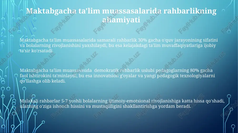 mumkin. pedagogik jamoa o‘rtasida 80% dan ortiq muvofiqlikka erishish uchun qarorlarni qabul qilishda demokratik uslublarni qo‘llash va har bir pedagogning fikrini inobatga olish zarur. maktabgacha ta'lim muassasasining moddiy-texnik bazasini ta'minlash muassasadagi bolalar soniga mos ravishda, har bir bolaga kamida 2 kv.m maydon bo'lgan o'yin va ta'lim xonalari bilan ta'minlash, shuningdek, 10%ni sport va sog'lomlashtirish inshootlari tashkil etishi lozim. maktabgacha ta'lim muassasalarining moddiy-texnik bazasini yaxshilash uchun yiliga kamida 5% miqdorida byudjet mablag'lari ajratilishi va ularning samarali sarflanishini nazorat qilish tizimi joriy etilishi zarur. maktabgacha ta'lim muassasasining moddiy-texnik bazasini ta'minlashda kamida 20% mablag' o'quv-tarbiya jarayonini yaxshilovchi interaktiv texnologiyalarni sotib olishga yo'naltirilishi maqsadga muvofiqdir. o'quv-tarbiya jarayonini rejalashtirish va boshqarish baholash jarayonida portfolio usuli, kuzatish, loyihalar va o'yinlar orqali 3-5 ta asosiy ko'rsatkichni kuzatib borish, o'quv natijalarini ob'ektiv baholashga yordam beradi. samarali boshqarish uchun o'qituvchilarning professional rivojlanishiga e'tibor qaratish, kamida yiliga 2 ta malaka oshirish kursi yoki seminarlarni o'tkazish kerak. o'quv-tarbiya jarayonini rejalashtirishda yoshga …