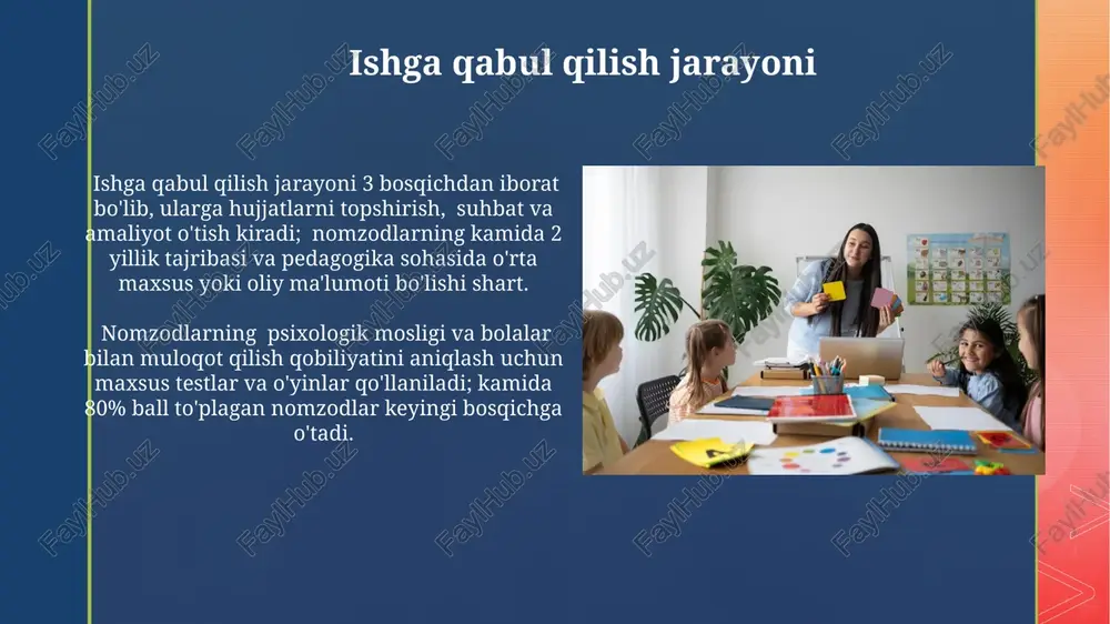 tkazish va har bir bolaga individual yondashuvni ta'minlash majburiyati. malaka va ko'nikmalar o'yinlar, qo'shiqlar va hikoyalar orqali bolalarni o'qitishda ijodiy yondashuv va kamida 5 xil o'quv dasturlari bilan ishlash tajribasi bo'lishi kerak. bolalar bilan samarali muloqot qilish va ularning individual ehtiyojlarini aniqlash uchun kamida 3 yillik tajribaga ega bo'lish, shuningdek, 15-20 nafar bolani bir vaqtning o'zida boshqarish ko'nikmalariga ega bo'lish talab etiladi. e'tiboringiz uchun rahmat @taqdimot_robot image4.jpg image5.jpg image6.jpg image7.jpg image8.jpg image9.jpg image10.jpg image11.jpg image12.jpg image13.jpg image14.jpg image2.png image3.png