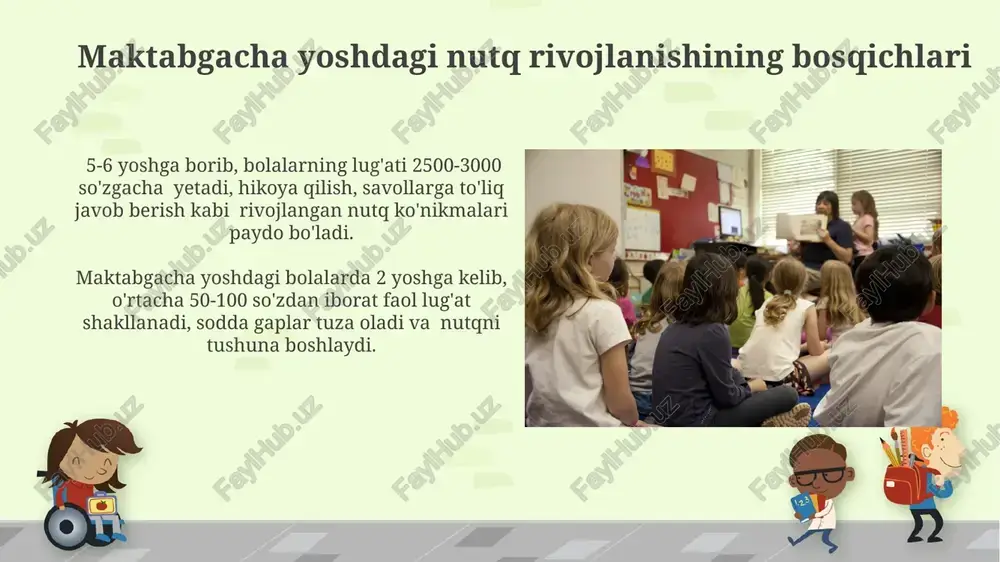 lab etiladi. nutqning kechikishi 3 yoshga to'lgan bolalarning 5-10%ida kuzatiladi va bu fonematik ong, leksik-grammatik rivojlanishning yetarli emasligini bildirishi mumkin. nutqning tushunish darajasi 4-5 yoshli bolalarda oddiy gap va jumlalarni tushunish darajasi 90% ga etadi, lekin murakkab sintaktik tuzilmali gaplarni tushunishi pastroq bo'lishi mumkin. preshkul yoshidagi bolalarning leksik zaxirasi o'rtacha 2000-3000 so'zni tashkil etadi, bu ularning tushunish qobiliyatiga bevosita ta'sir qiladi. leksik rivojlanish leksik rivojlanish jarayonida sinonimlar, antonimlar va ko'p ma'noli so'zlarni tushunish va qo'llash bolaning nutqini boyitadi. preschool yoshdagi bolalarda leksik zahira taxminan 1500-2500 so'zga yetadi, bu ularning muloqot qobiliyatini rivojlantirishda muhim rol o'ynaydi. o'yinlar orqali nutqni rivojlantirish rolni o'ynash, kutilmagan voqealarni tasvirlash kabi o'yinlar orqali bolalarning grammatik tuzilmalarni o'zlashtirishi, gap tuzish malakalarining rivojlanishiga 15-25% hissa qo'shadi. har xil turdagi savollarga javob berishga asoslangan o'yinlar (kim?, nima?, qaerda?, qachon? va hokazo) bolalarning muloqotga kirishishi, fikrlarini aniq va tushunarli ifodalashini yaxshilaydi, so'z zaxirasini 10-15% kengaytiradi. nutqning asosiy komponentlari leksik jihatdan, …