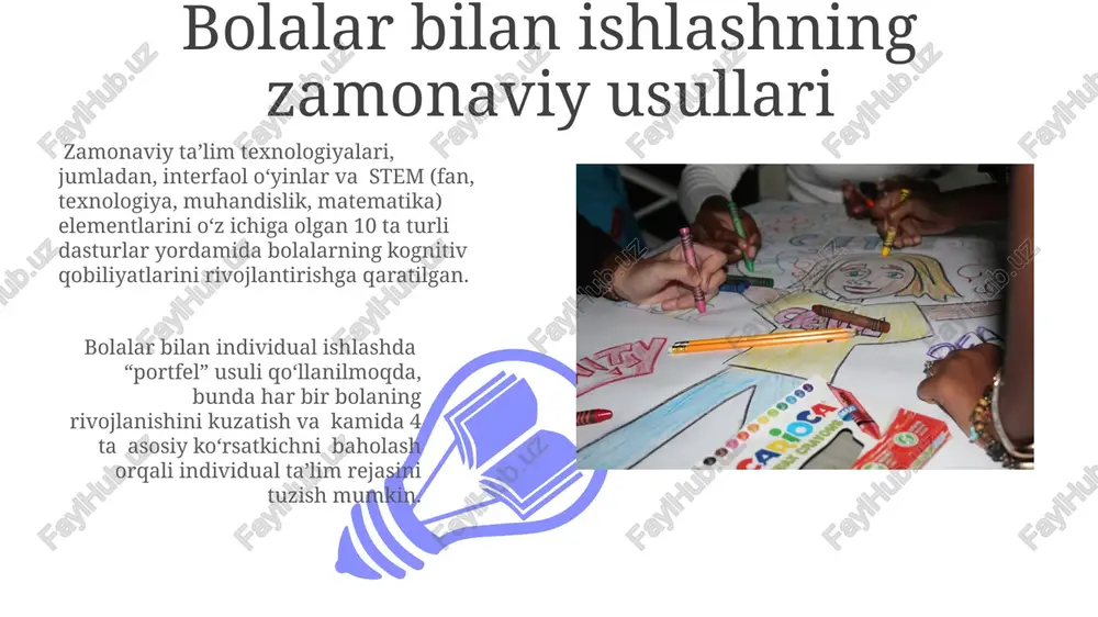 ini turli xil mehnat turlariga, jumladan, o'ziga xizmat ko'rsatishga, xonani tozalashga va o'simliklarga g'amxo'rlik qilishga bagishlashlari kerak. “mehnat tarbiyasi” 5-6 yoshli bolalarda mehnatga bo'lgan munosabatni shakllantirish, hamkorlikda ishlash ko'nikmalarini rivojlantirish va 3-4 xil oddiy mehnat turlarini egallashga qaratilgan. o'quv dasturlari va o'quv rejalari davlat ta'lim standartlariga muvofiq, o'quv dasturlari va rejalari yiliga kamida ikki marta qayta ko'rib chiqilib, yangilanishi va yaxshilanishi kerak, shuningdek o'quv jarayonining samaradorligini oshirishga qaratilgan. o'quv rejalari haftalik yoki oylik bo'lib, dasturdagi mavzularni amalga oshirish uchun 20-30 soatlik faoliyatlarni, shu jumladan o'yinlar, mashqlar va amaliy ishlarni o'z ichiga oladi. ta'lim jarayonini tashkil etish 01 02 samarali ta’lim jarayonini tashkil etish uchun kamida 2 nafar malakali pedagog va 1 nafar yordamchi tarbiyachining ishtiroki bilan kichik guruhlarda (maksimal 15 bola) ta’lim berish tavsiya etiladi. sales 1st qtr 2nd qtr 100 0 sales 1st qtr 2nd qtr 100 0 ijtimoiy-axloqiy tarbiya ijtimoiy-axloqiy tarbiya jarayonida 5-6 yoshli bolalarga 3 ta asosiy …