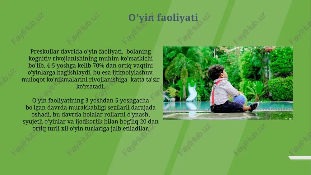 , bolalar mayda detallarni ajrata olish, nozik harakatlarni muvofiqlashtirish kabi ko'nikmalarni egallaydi. maktabgacha yoshdagi bolalarda miya hajmi 3-7 yosh oralig'ida jadal o'sib, neyronlar orasidagi sinaptik aloqalar soni sezilarli darajada ko'payadi, bu kognitiv funksiyalarni rivojlanishiga olib keladi. uxlash va uyqu rejimining ahamiyati muntazam uyku va uyg'onish rejimi bolaning biologik soatini tartibga solib, gormonlar ishlab chiqarilishini, immunitetni va ruhiy salomatligini yaxshilaydi. uyquning etishmasligi diqqatni jamlash, xotira va o'rganish qobiliyati kabi kognitiv funktsiyalarning pasayishiga olib kelishi mumkin. ijodiy qobiliyatlarning rivojlanishi ijodiy o'yinlar, masalan, rol o'ynash o'yinlari, bolalarning ijodiy tafakkurini, fantaziyasini va muloqot ko'nikmalarini rivojlantirishda muhim ahamiyatga ega. tadqiqotlar shuni ko'rsatadiki, kuniga kamida 30 daqiqa ijodiy faoliyat bilan shug'ullanish maktabgacha yoshdagi bolalarning muammolarni echish qobiliyatlarini 20% ga oshiradi. ovqatlanish va sog'liq 5 yoshgacha bo'lgan bolalarda kundalik kaloriya iste'moli yoshi va jismoniy faolligiga bog'liq bo'lib, o'rtacha 1000-1400 kkal atrofida bo'lishi mumkin. maktabgacha yoshdagi bolalarda kuniga kamida 4-5 marta ovqatlanish tavsiya etiladi, har bir ovqatlanishda muvozanatli, …