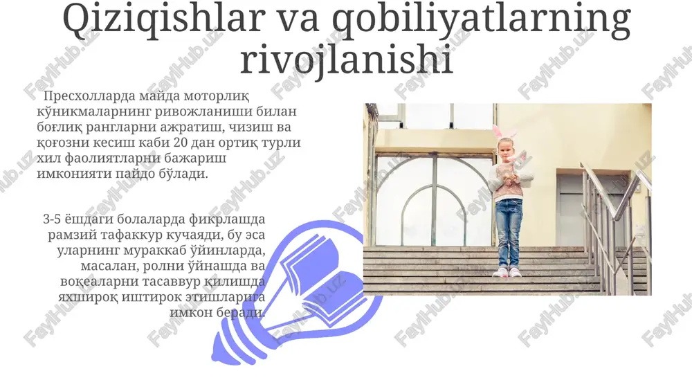lashning muhim elementi hisoblanadi. stress va uning bolalarga ta'siri preschool yoshdagi bolalarda stress darajasi yuqori bo'lsa, ularning ijtimoiy aloqalarida qiyinchiliklar, o'ziga ishonchning pasayishi va agressiv xatti-harakatlar kuzatilishi mumkin. stress 3 yoshdan 6 yoshgacha bo'lgan bolalarda uyqusizlik, ovqat hazm qilish tizimi muammolari va hissiy jihatdan o'zgaruvchanlik kabi jismoniy alomatlarni keltirib chiqarishi mumkin. til rivojlanishi va muloqot ko'nikmalari preskul yoshidagi bolalarning lug'aviy zaxirasi kuniga o'rtacha 5-10 ta yangi so'zga ortishi kuzatiladi, bu esa ularning muloqot ko'nikmalarining tez rivojlanishini ta'minlaydi. 3-5 yoshli bolalarda o'z-o'zini anglash va emotsional tartibga solish ko'nikmalari yaxshilanadi, bu esa murakkab ijtimoiy vaziyatlarni samaraliroq boshqarishga olib keladi. mustaqillik va o'z-o'zini boshqarish 01 02 preschool yoshdagi bolalarda mustaqillik 3-4 yoshga kelib sezilarli darajada o'sib boradi, ular o'z kiyimlarini yechish, kiyish kabi oddiy harakatlarni mustaqil bajara oladilar. sales 1st qtr 2nd qtr 100 0 sales 1st qtr 2nd qtr 100 0 e'tiboringiz uchun rahmat @taqdimot_robot image4.jpg image5.jpg image6.jpg image7.jpg image8.jpg image9.jpg image10.jpg …